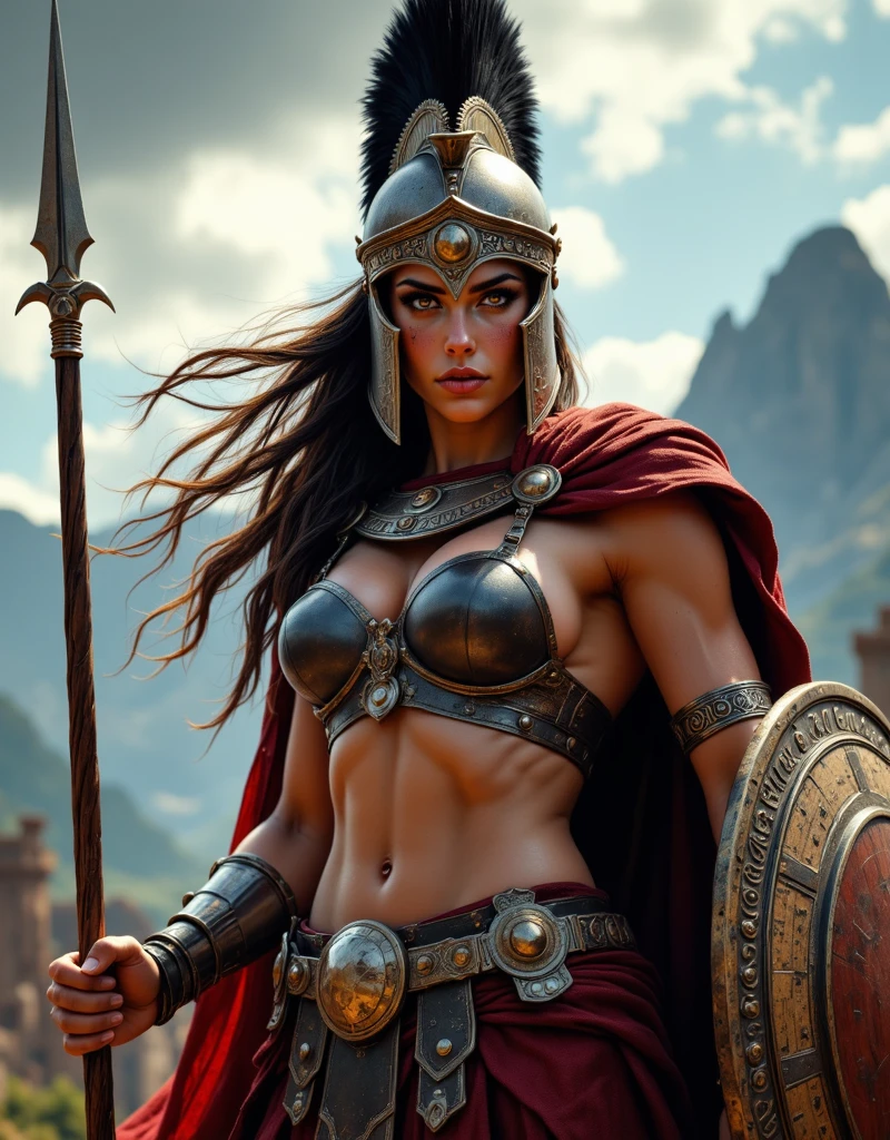 Create an image of a female spartan soldier with a spartan helmet an armoured bra visible six pack abs and a short spartan skirt with tassels