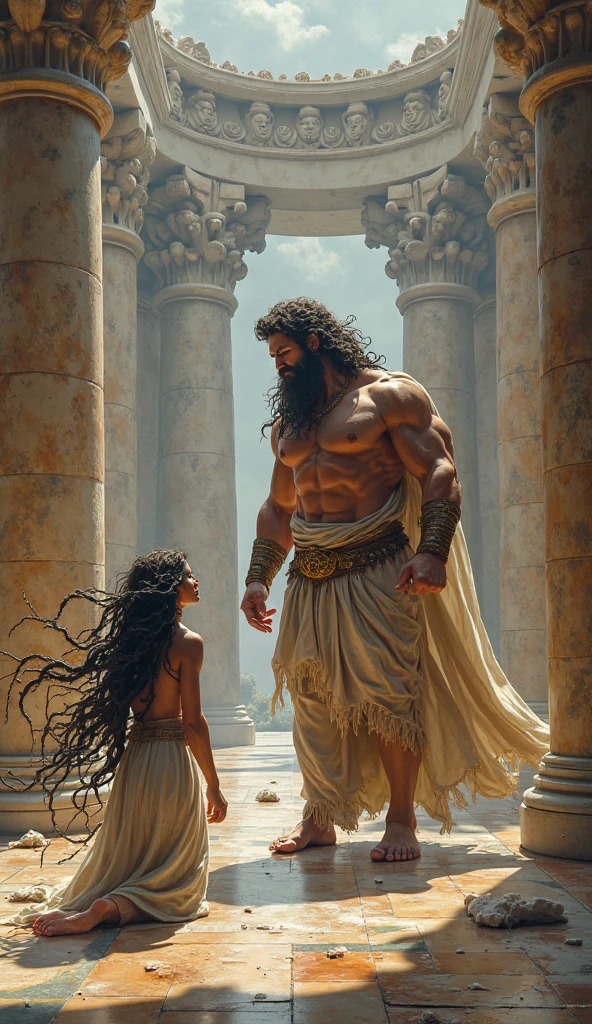 Poseidon god of ocen try to rape the Beautiful priestress of temple of olympus wearing white long gawn beautiful blak hair praying on knees in the temple