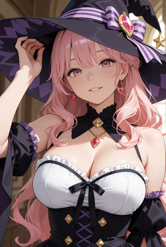 masutepiece, Best Quality, the Extremely Detailed CG Unity 8K Wallpapers, Sexy Witch Cosplay, off-shoulder knit, darkblue pleated skirt, Medium milk, hanging breasted, cleavage, Blushing, Shy laughter, Bare shoulders, (Leaning forward),、Pink lace underwear
