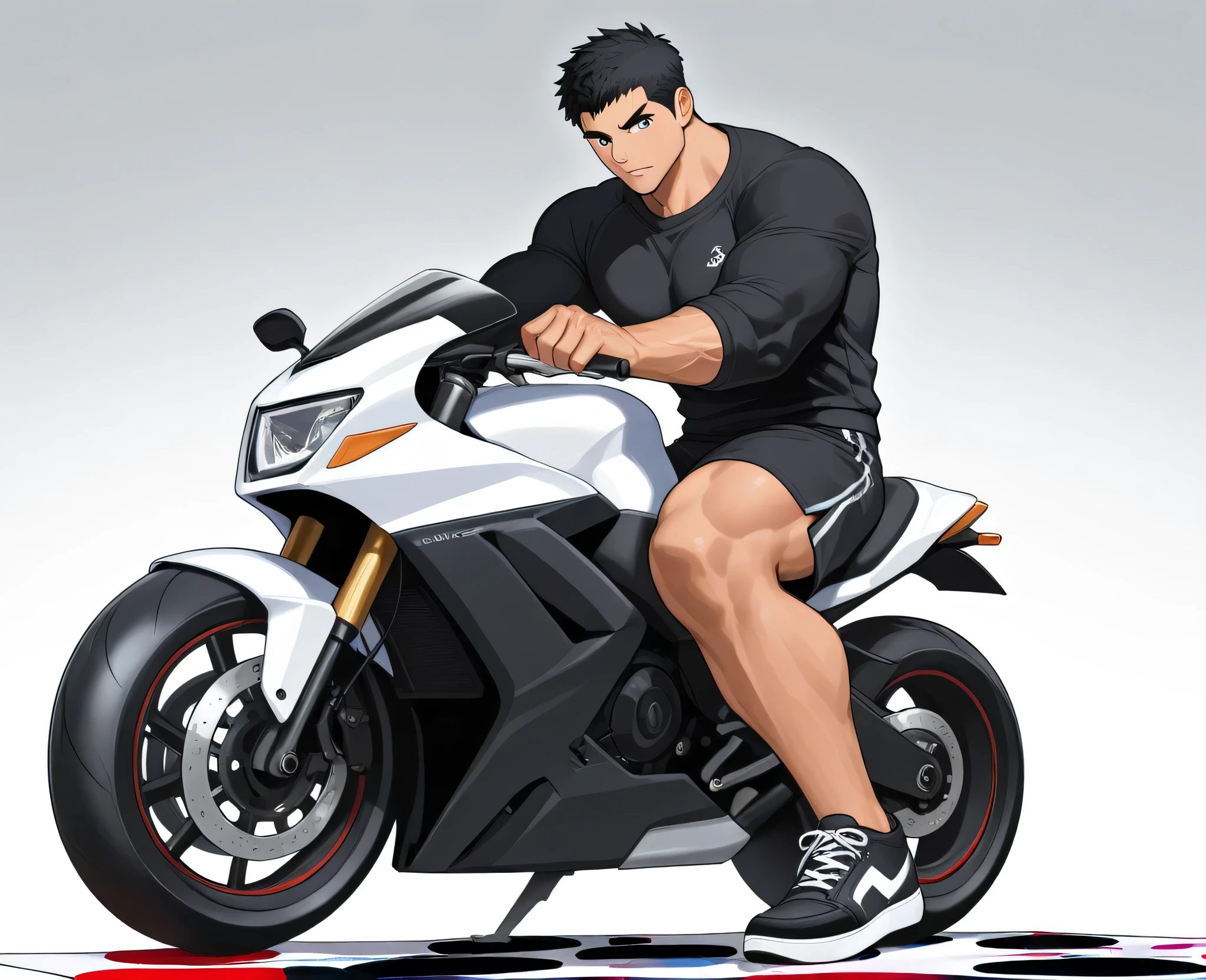 Muscular man black jersey black sneakers black shorts on top of a black Twister motorcycle in front