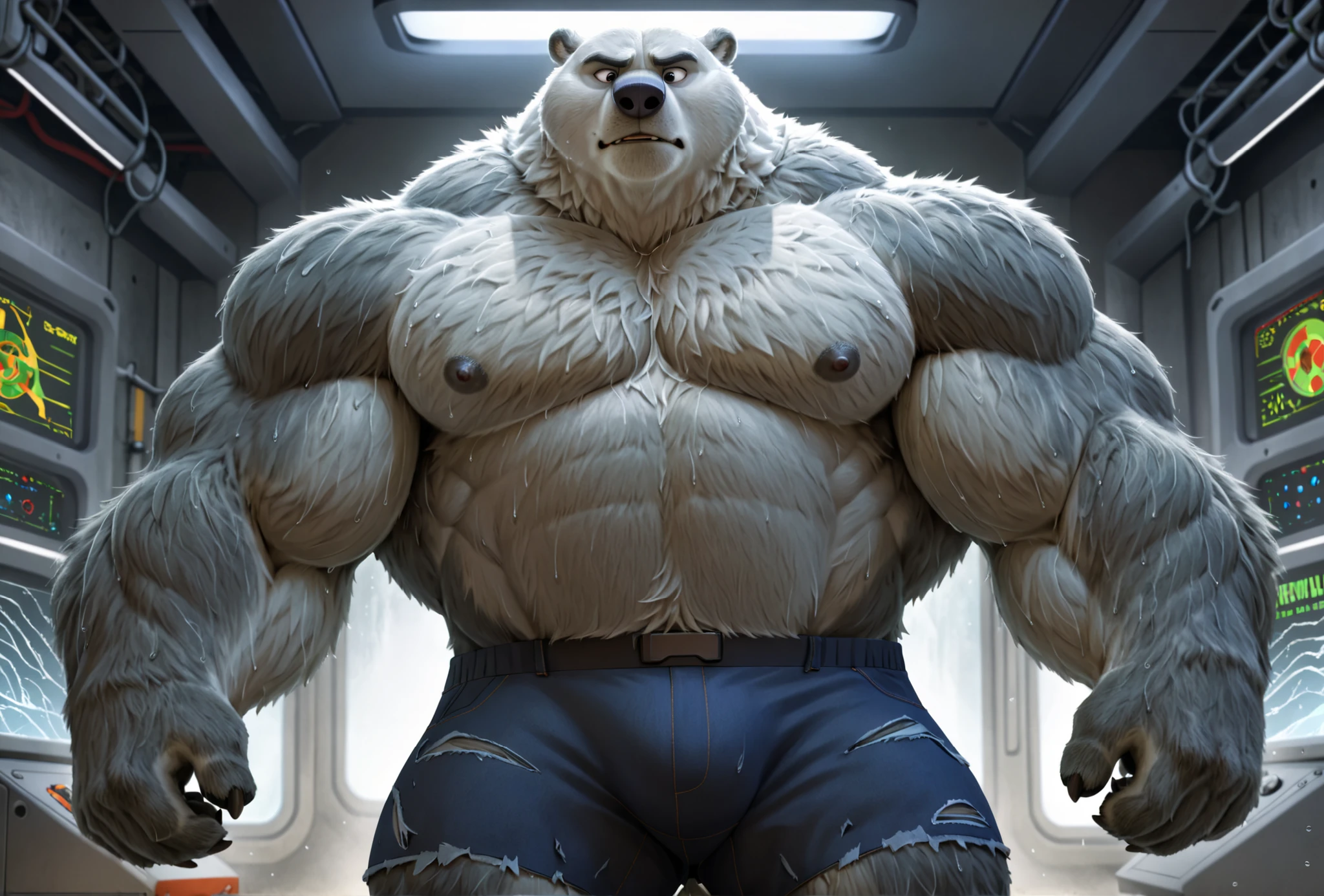 solo, 1boy, correct anatomy, perfect anatomy, (furry gray polar bear,) big gray eyes, wide chest, bulky, bulk, rippling, growling. Huge Muscular polar bear as the incredible gray hulk, transforming, blue tattered shorts, pectoral, thick gray arms, huge pectoral, huge gray fur, wide gray pectoral, gamma laboratory background, masterpiece, Zootopia, 8k, high resolution, big gray muscle, gray muscular, sixpack, thick gray arms, wide gray pectoral, super gray muscle, hyper gray muscular, powerful gray muscle, huge gray arms, big gray arms, huge green pectoral