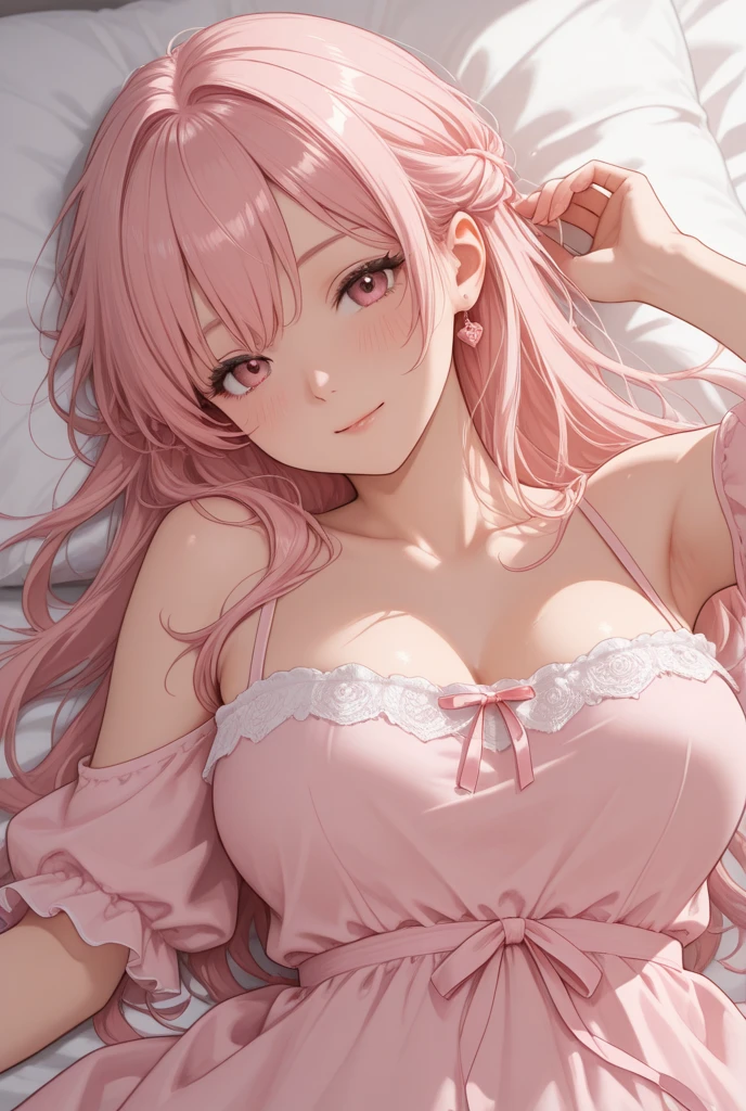 (best quality,8k,16,highres,masterpiece:1.2),ultra-detailed,(realistic:1.37) UHD, exited attractive mature woman, pink hair, beautiful detailed eyes, detailed face and expressions, rendered eye ,perfect anatomy, beautiful detailed lips, wearing large oversized black tshirt falling off to one side, smirking, lusty, horny blushing, lying on couch, on back, leaning forward, simple lying, looking at viewer, happy, smirking, lusty, horny blush, not too close to viewer, relaxing atmosphere,neutral color scheme ,cozy environment,soft natural lighting, exited expressionenthusiastic gaming session,console gaming, Detalied TV in background, gaming room room, simple background, night time, shot straight, one hand between breasts, off shoulder top Exposing bra straps