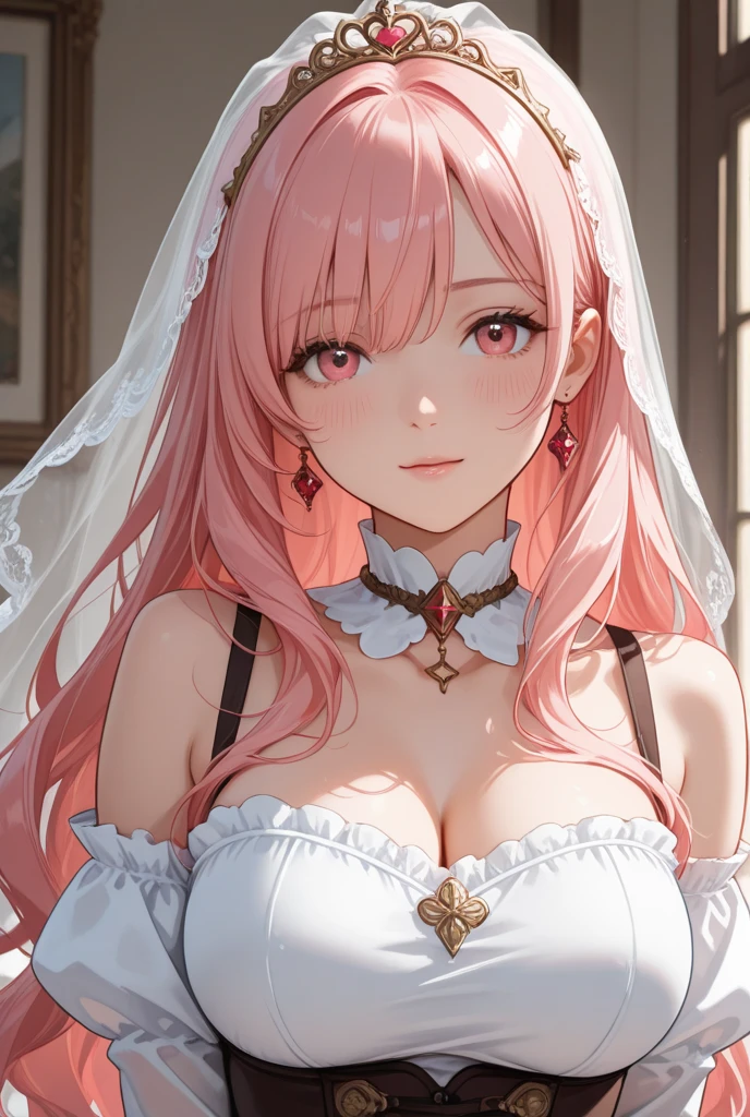 anime character with a sword and a white dress with a red and black writing, pink hair, red eyes, nun veil, huge breasts, See through lingerie, bed room, wet clothes, sheer negligee, blush cheeks