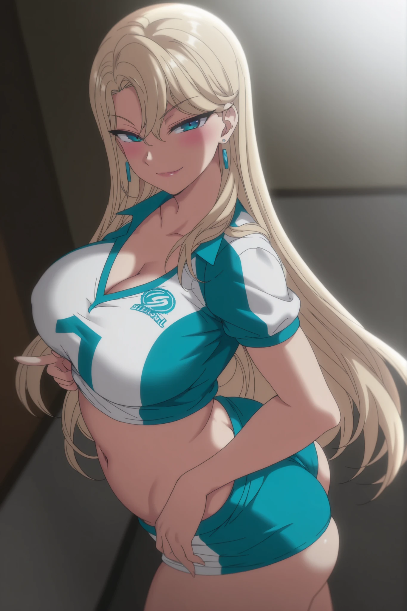 1 girl, reina kurashiki, blonde hair, long hair, large breasts, smiling, slight smile blushing, looking at viewer, masterpiece, best quality, high quality, seductive smile , blue eyes, cleavage, very voluptuous,v olleyball uniform, sportswear, shorts, short shorts, sensual body, sensual pose, breasts visible from cleavage, dynamic lighting, Ultra detailed, highres, absurdos, lar, stunning visual cg, standing , ass, all body, belly button