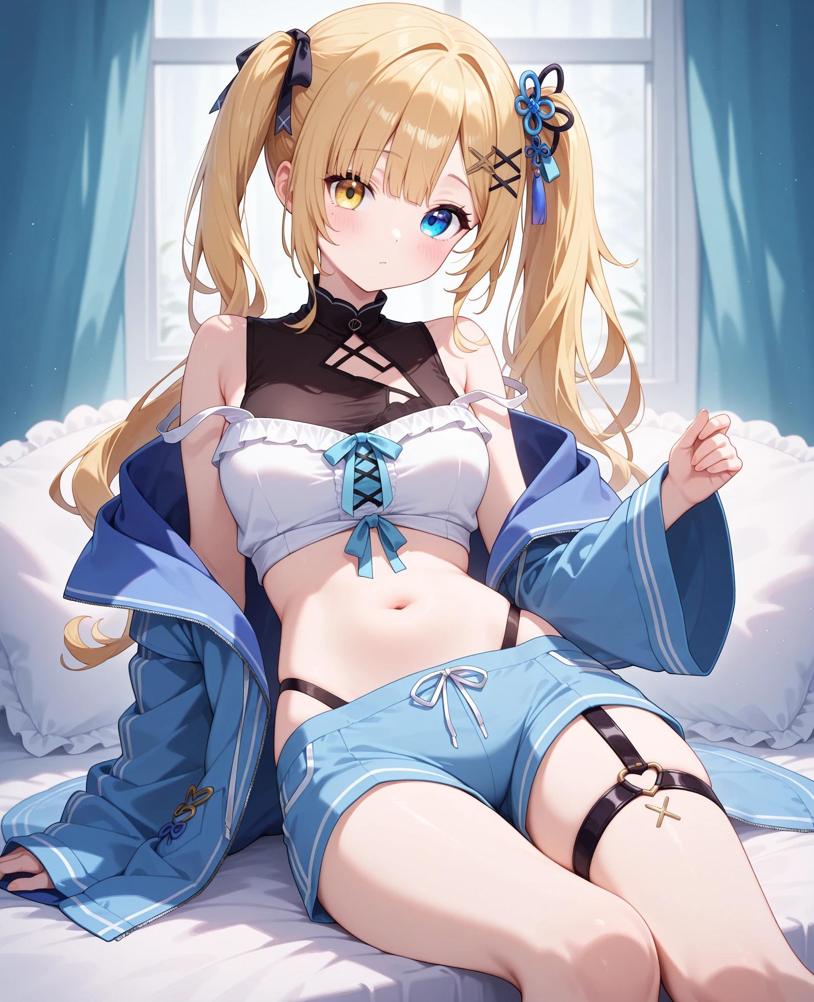 anime style,ultra hyper shota,long hair,blonde hair,
(bare stomach,suspender skirt,short tops),
pretty baby face,black long tights,angelic pretty,
