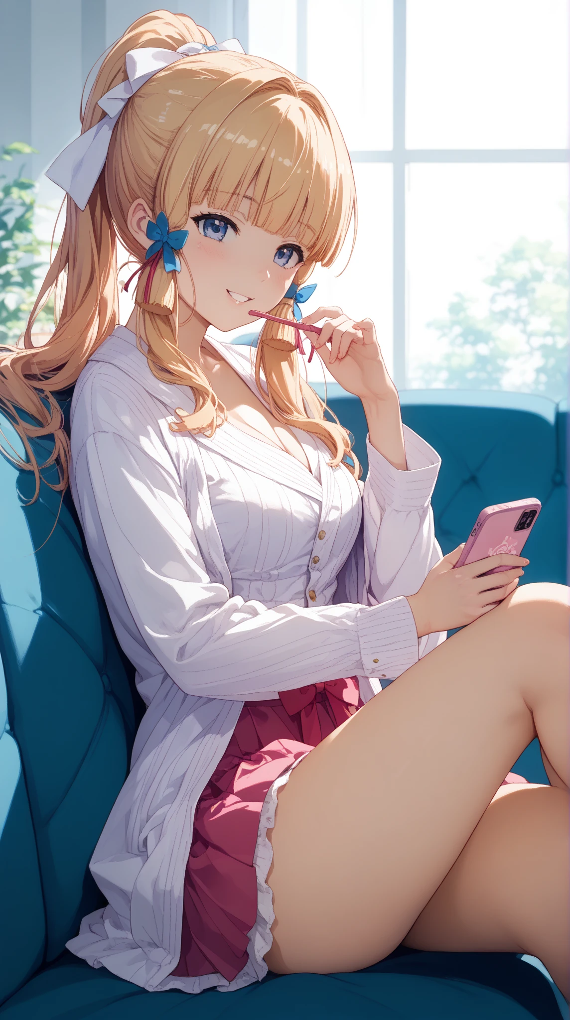 ((best quality)), ((masterpiece)), (detailed), perfect face, platinum blonde woman with brown eyes, in tight jeans and black bra, sweaty, laughing, indoors, sitting in bed, looking down at camera, sweaty socks, feet in dirty white socks, hair tied up in fancy style, platinum blonde, freckles, in bathroom, fancy posh hair styled up in updo hairstyle, wearing white jacket, holding dirty sweaty white socks dangling, wearing pink handbag