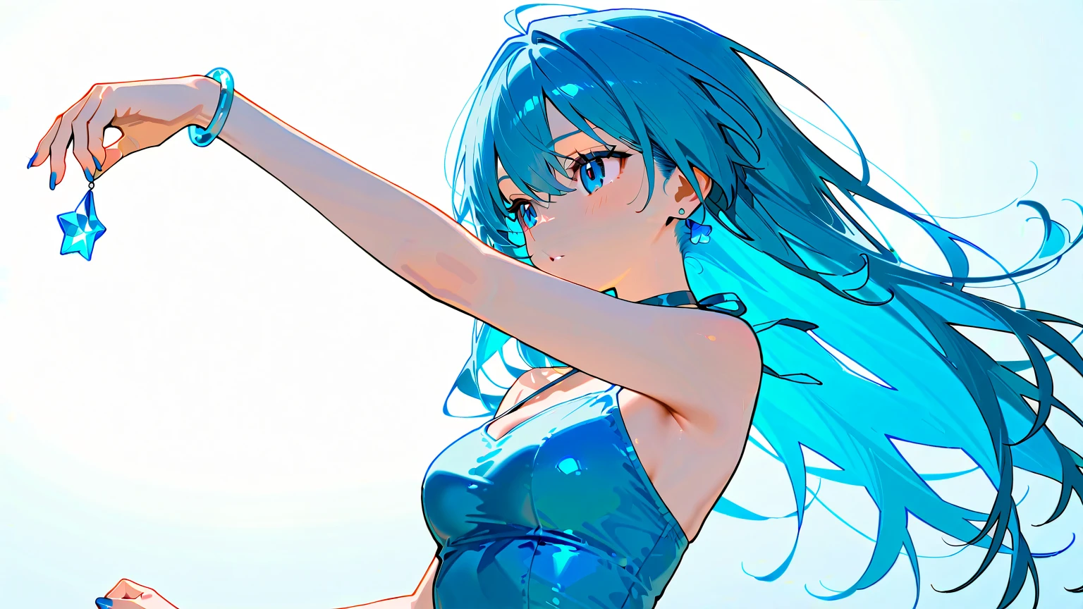 ((Best quality)), ((Masterpiece)), ((Realistic)) ，Ultra-detailed photography . She has ((Blue hair)), in a bikini，Exudes breath ((Beautiful and aesthetic)), Sexy,  Hot，frontage，short detailed hair