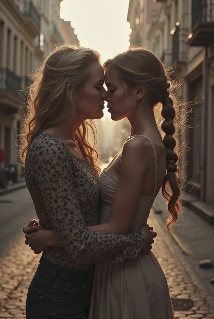 (Highest quality、4K、8k、High resolution、masterpiece:1.2)、Very detailed、(Genuine、Realistic、Realistic:1.3)、Two Nordic women、Stylish lighting、Kissing on a street corner、(hairstyle:random)、(haircolor:random)、Finnish, Norwegian, Swedish