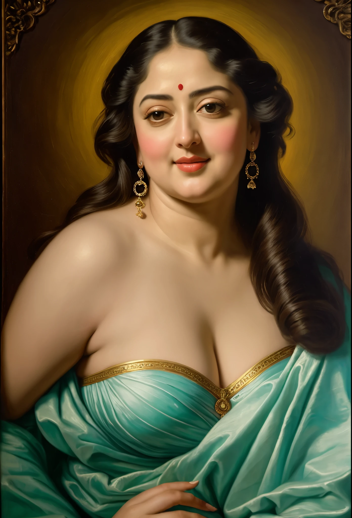 Looks like Anushka Shetty, Beautiful Indian Woman, wearing saree, sari Beauty, gorgeous, curvy, sexy navel folds, Apsara, Maharani, royal queen woman, nymph from Hindu Mythology, Urvashi, matchless beauty, Highly detailed, Oil Painting by Peter Paul Rubens inspired by Raja Ravi Varma, Matchless beauty, captivating, gorgeous, heavenly beauty, celestial beauty, by Peter Paul Rubens, 13, realistic, hyper realistic, micro details, incredible artwork, insane details, ultra High resolution, 8k, 32k, acrylic on canvas, intricate, flawless, detailed, detailed face, detailed eyes, masterpiece, by Peter Paul Rubens, by Caravaggio, by William Adolphe bouguereau, perfect face, perfect body, beautiful art, realism, baroque, renaissance Art, highly textured, beautiful and detailed eyes, uhd, best quality,