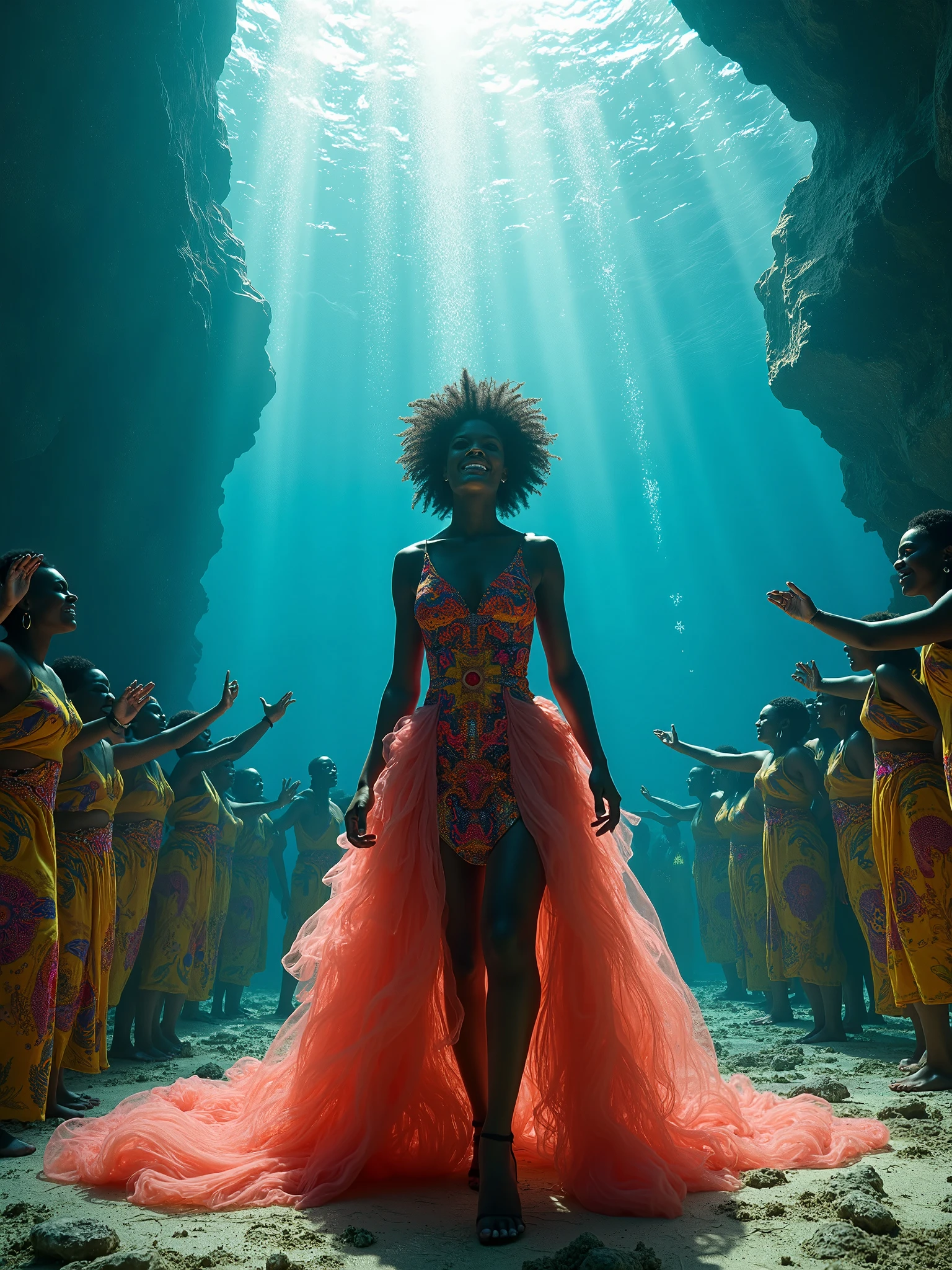 African woman dressed in african designed clothes, swimming under water in the ocean, taking a selfie, with various fish and sea animals swimming around her,  beauriful coral reefs glowing in the water, soft light shining through the water, with beautiful iridescent light, artgerm style, 32k, ultra HD, unreal engine rendered, hyper-realistic image