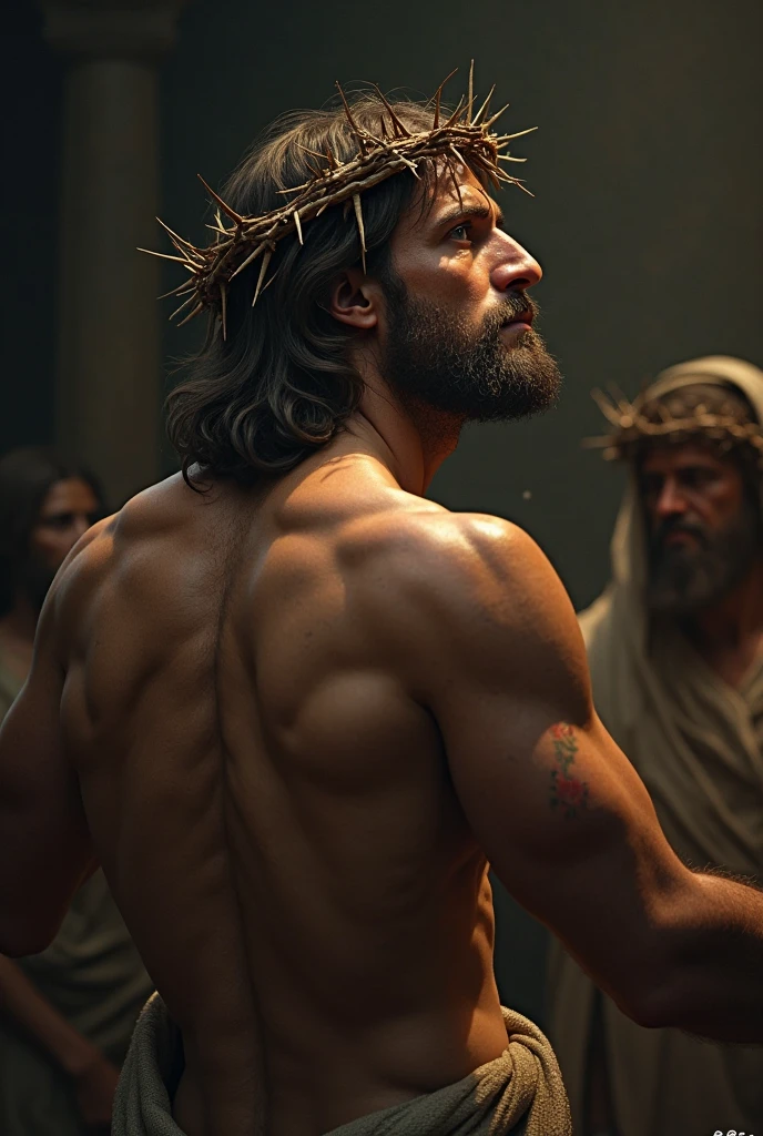 jesus, man with long hair, medium beard, white blanket with red stripe. Gym workout style. Very muscular body holding a dumbbell.