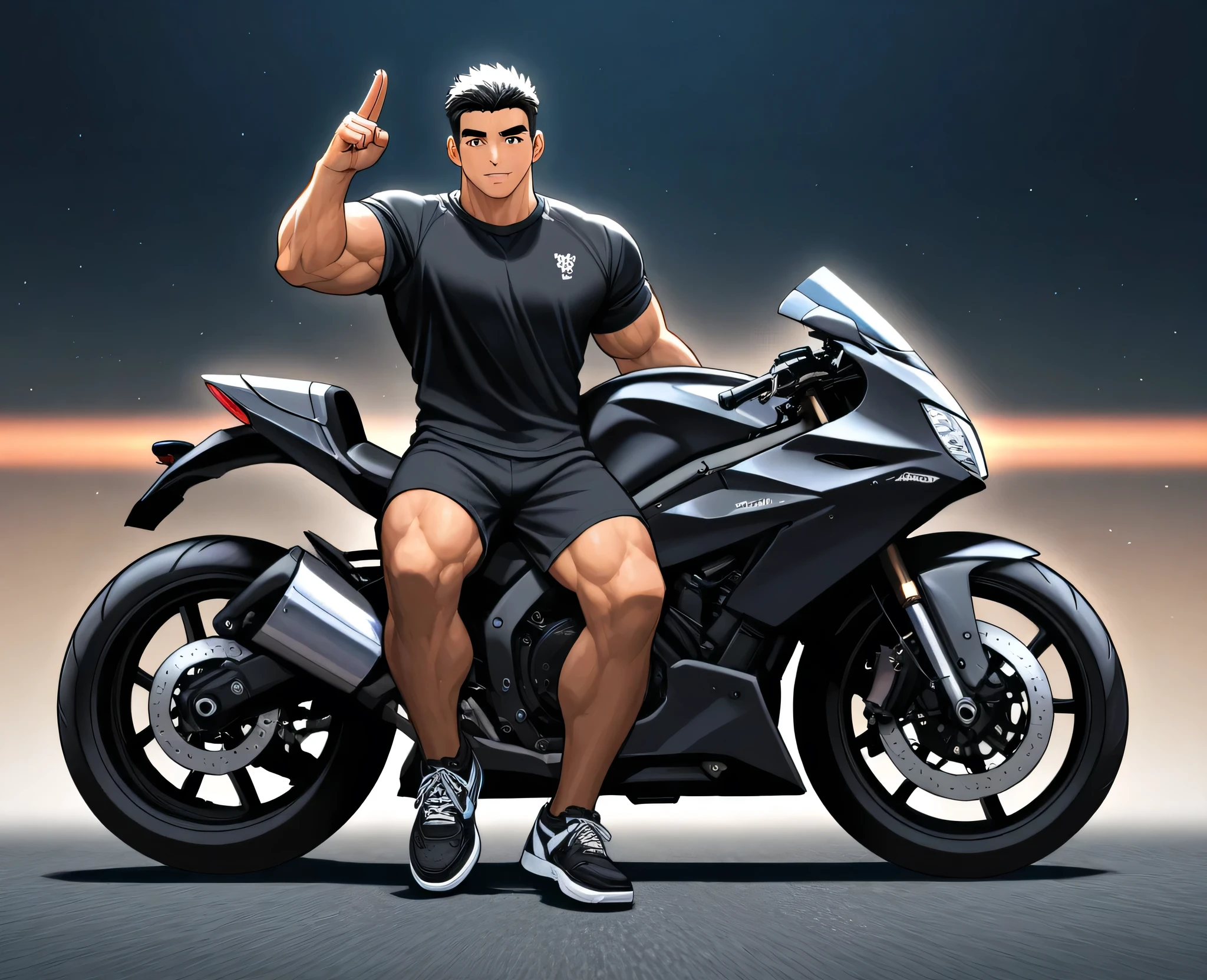 Muscular man black jersey black shorts black sneakers sitting on a motorcycle with his right hand raised upwards closed