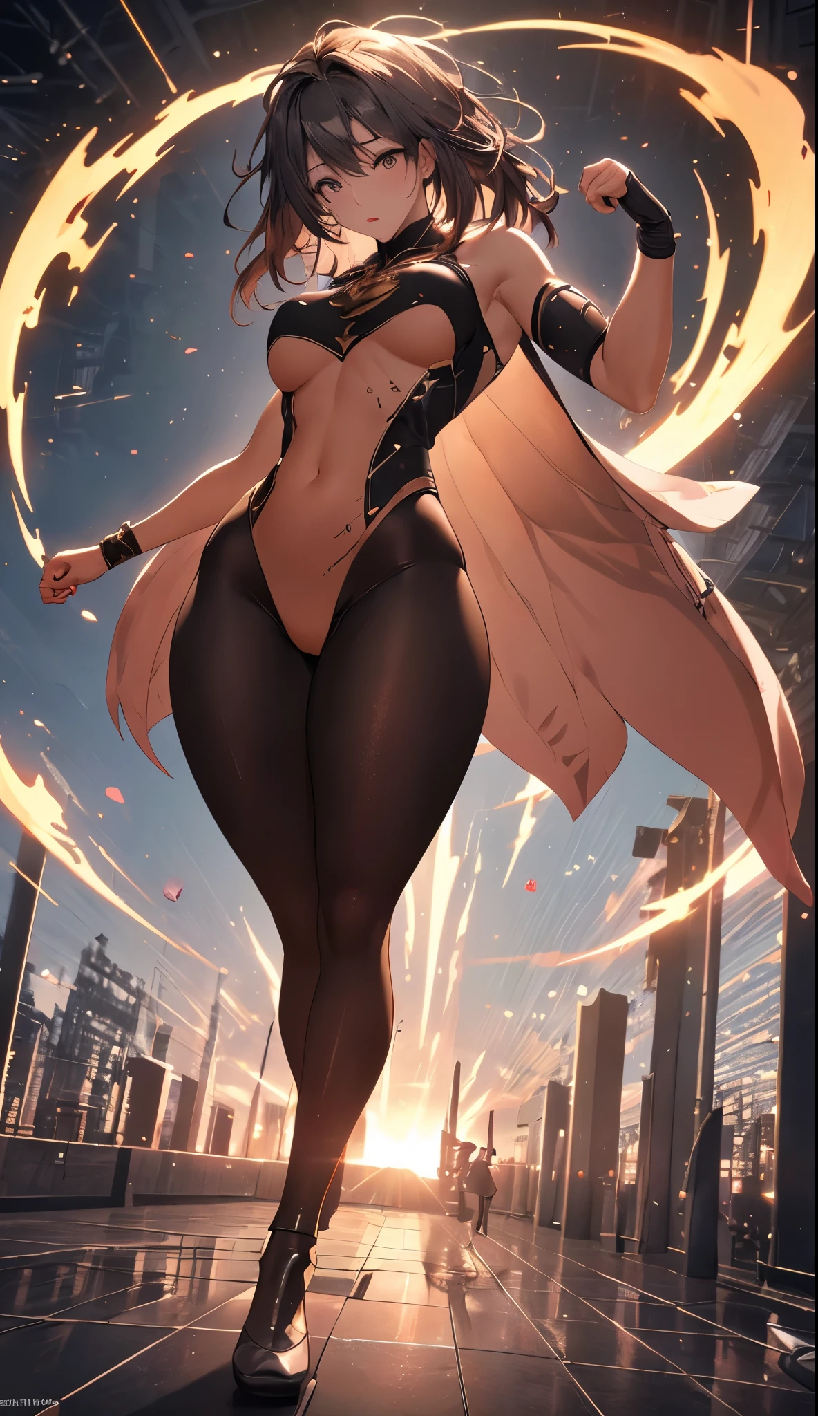 (RAW photo, best quality), best quality, highly detailed, dancing, flying, panorama, vista, floating, levitating, dynamic pose, masterpiece, super detailed, illustration, 1girl, full body, thicc coxas, seios medios largos, dynamic angle, world masterpiece in background, messy_long_hair, best quality, extremely detailed CG Unity 8k wallpaper, ink, amazing, cinematic lighting, lens_ flare,surreal_style, perfect details