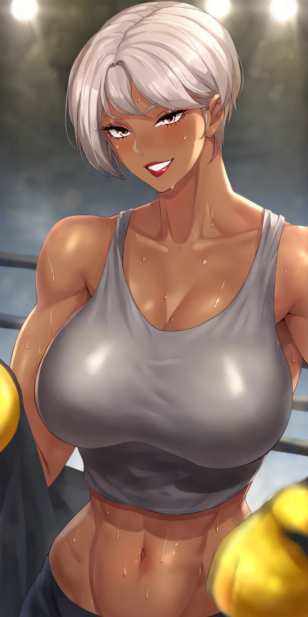 1girl, solo,short_hair,dark_skinned_female,very dark skin,crop_top,lipstick,muscular_body,abs,navel,grey_hair,sleeveless_shirt,buttoned_shirt,knotted_shirt,collarbone,boxing gloves,smile,sweat,best quality,masterpiece,amazing quality,very aesthetic,high resolution,ultra-detailed,,depth of field,volumetric lighting ,highly detailed,best quality,8k,best quality, very aesthetic, ultra-detailed, newest,BREAK, depth of field, masterpiece, amazing quality, high resolution, absurdres, newest,manhwa