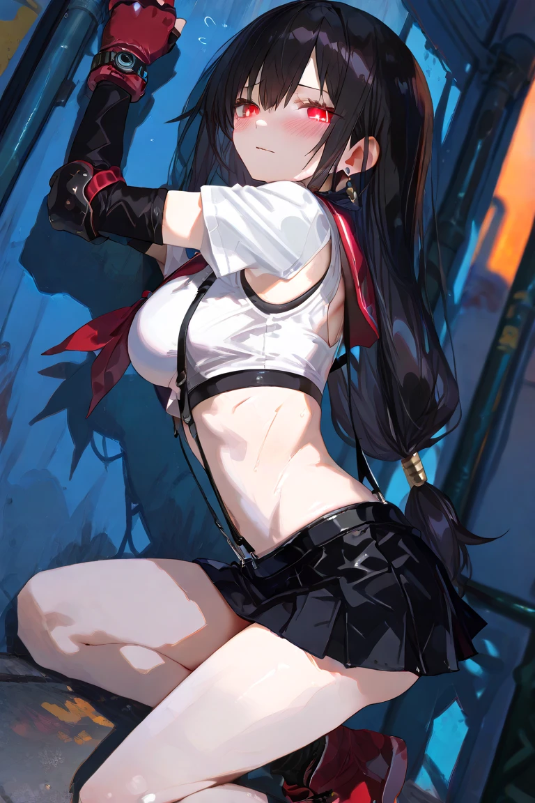 best quality, ultra-detailed, high resolution, extremely detailed CG, unity 8k wallpaper, super detailed skin, detailed, dynamic lighting, beautiful detailed eyes, defTifa, white crop top, elbow pad, fingerless gloves, suspenders, very short pleated miniskirt, red boots, bar counter, showing panties, dynamic angle, dynamic pose, red eyes, smile, fighting stance,