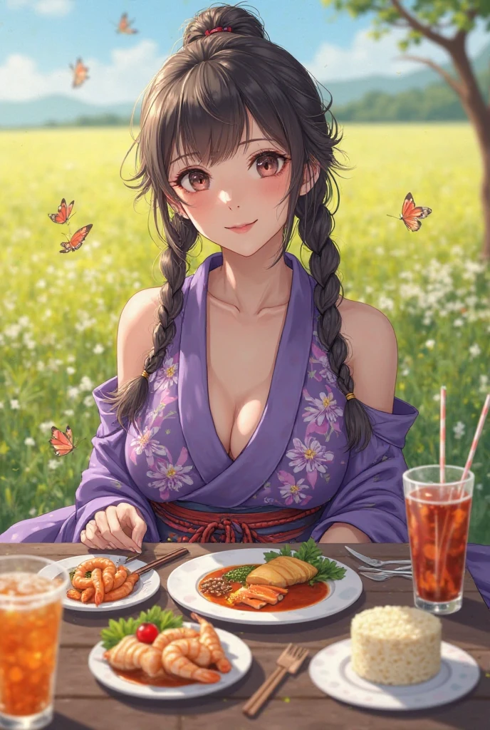 masterpiece, high quality, very high resolution, large filesize ,1woman,beautiful woman,huge chest,kindly smile,beige color summer sweater,autumn town,sushi master woman,japanese sushi eating,geisya woman,black hair,braid ponytail,ahoge,