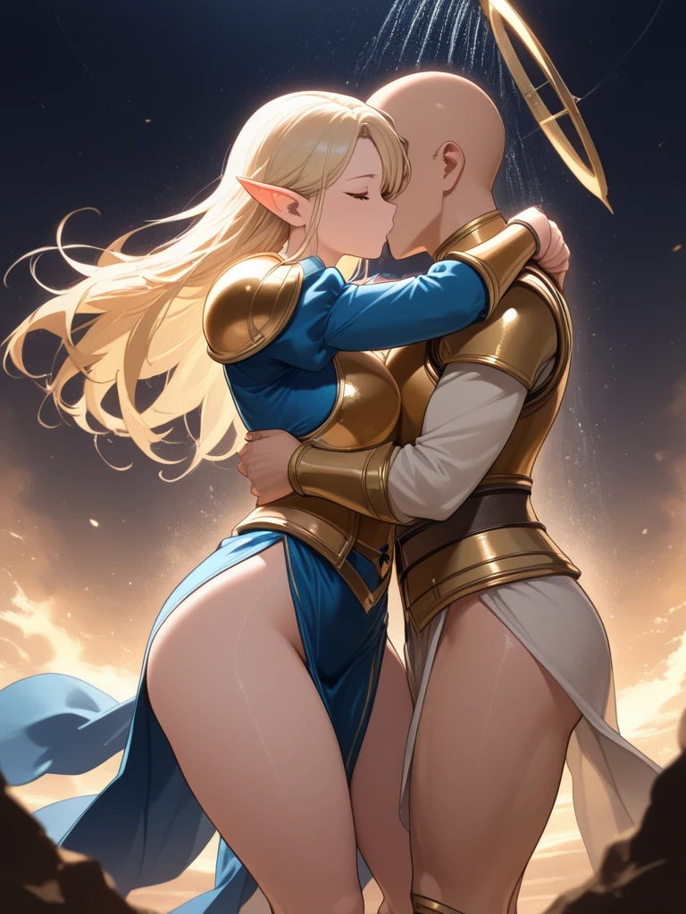 2 women, (((kissing, facing each other, in bed))), female knights, pauldrons, gauntlets, shiny knight armor, micro bikini, chainmail bikini, leather straps, nipple slip, reverse bunny suit, ((fishnet stockings, garter belt)), brunette, blonde, platinum blonde, (1 brunette, 1 blonde), long hair, elf ears, blushing, large breasts, beautiful face, collar, detailed eyes, bright pupils, earrings, bellybutton piercing, body chains, sitting on bed, gold, legs open, legs spread, arms up, hands behind head, thong, (masterpiece), (Very detailed CG unity 8K wallpaper), best quality, cinematic lighting, detailed back ground, Night time, in bedroom, many candles in background, ((wearing blue transparent silk, transparent, transparent veil, gold laced))