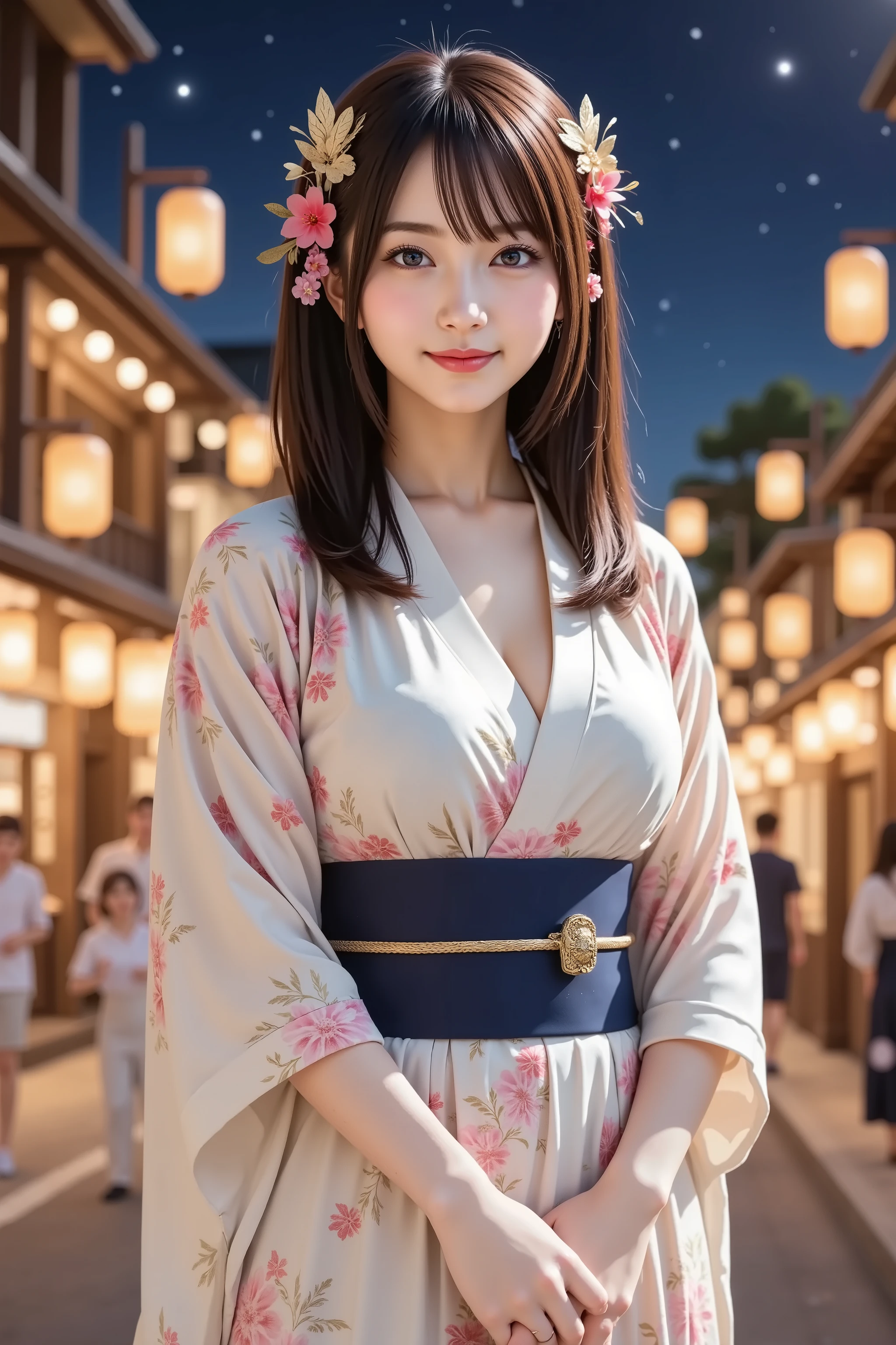 sakura, huge breast, by adjusting the framing so the subject's full head is visible within the composition, a highly detailed and realistic digital illustration of a female character in a stylized military-inspired fantasy outfit, a highly detailed and realistic digital illustration of a beautiful anime-style female character wearing a traditional floral yukata, standing amidst a lively nighttime festival scene, by adjusting the framing so the subject’s full head is visible within the composition, with the crop showing only from just below the shoulders to slightly above the top of the head. Ensure there is a comfortable amount of background space above the head to establish spatial context. The focus is on her upper body clothing and the illuminated street setting.

She is wearing a light-colored yukata adorned with floral patterns in shades of blue, red, and yellow. The translucent sleeves and folds of the fabric catch the ambient lantern light, enhancing the texture and elegance. A deep blue obi is tied neatly at the waist, accentuating the outfit’s structure and traditional aesthetic. Her neckline is open, revealing the soft inner layers of the kimono and a decorative knot at the waist.

Her hair is styled in long twin tails with golden accessories shaped like butterfly wings, and small floral hair ornaments in pink and red hang beside her face, matching the festive mood. The expression on her face is warm and serene, as she gently gazes toward the viewer.

In the background, a bustling festival street is illuminated by glowing paper lanterns hanging from traditional wooden buildings. The sky above is a deep indigo filled with stars, adding a magical atmosphere. People in yukatas walk through the street, adding depth and realism. Warm lighting from the shops and lanterns bathes the scene in soft golden hues, contrasting with the cool tones of the night sky.

The entire scene combines traditional Japanese culture with fantasy-style beauty and lighting, highlighti