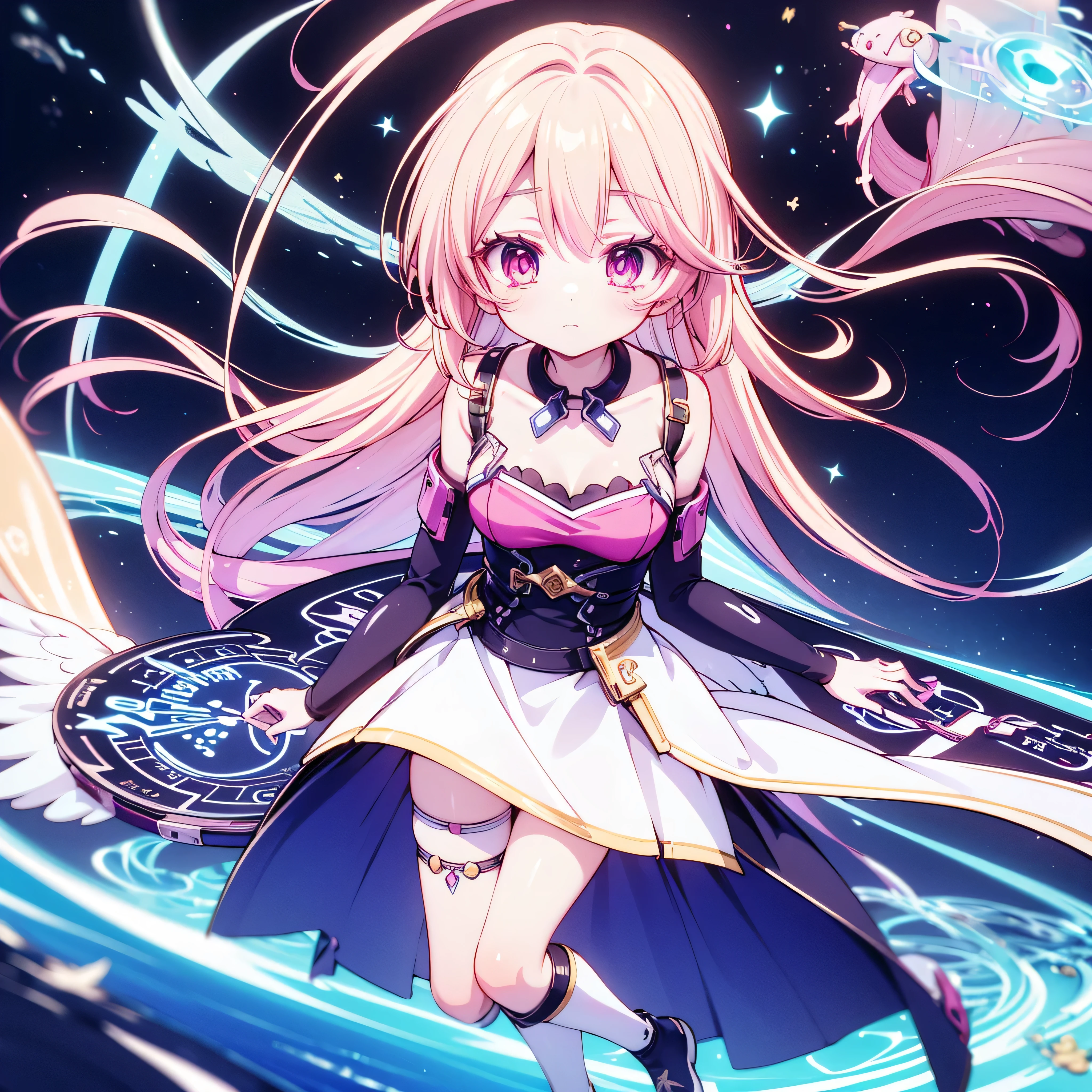 original female Flügel character from the No Game No Life universe, NOT Jibril, full-body, long flowing pastel gradient hair (from pale pink to blonde), golden glowing eyes with vertical slit pupils, calm and confident expression, wearing a high-tech magical outfit with glowing runes, thigh-high boots, floating arcane accessories, and Flügel-style detached sleeves, geometric light wings floating behind her, open spellbook in one hand, floating mid-air inside a radiant sky library, cinematic lighting, sharp clean anime style, fantasy sci-fi hybrid design, highly detailed, 8k