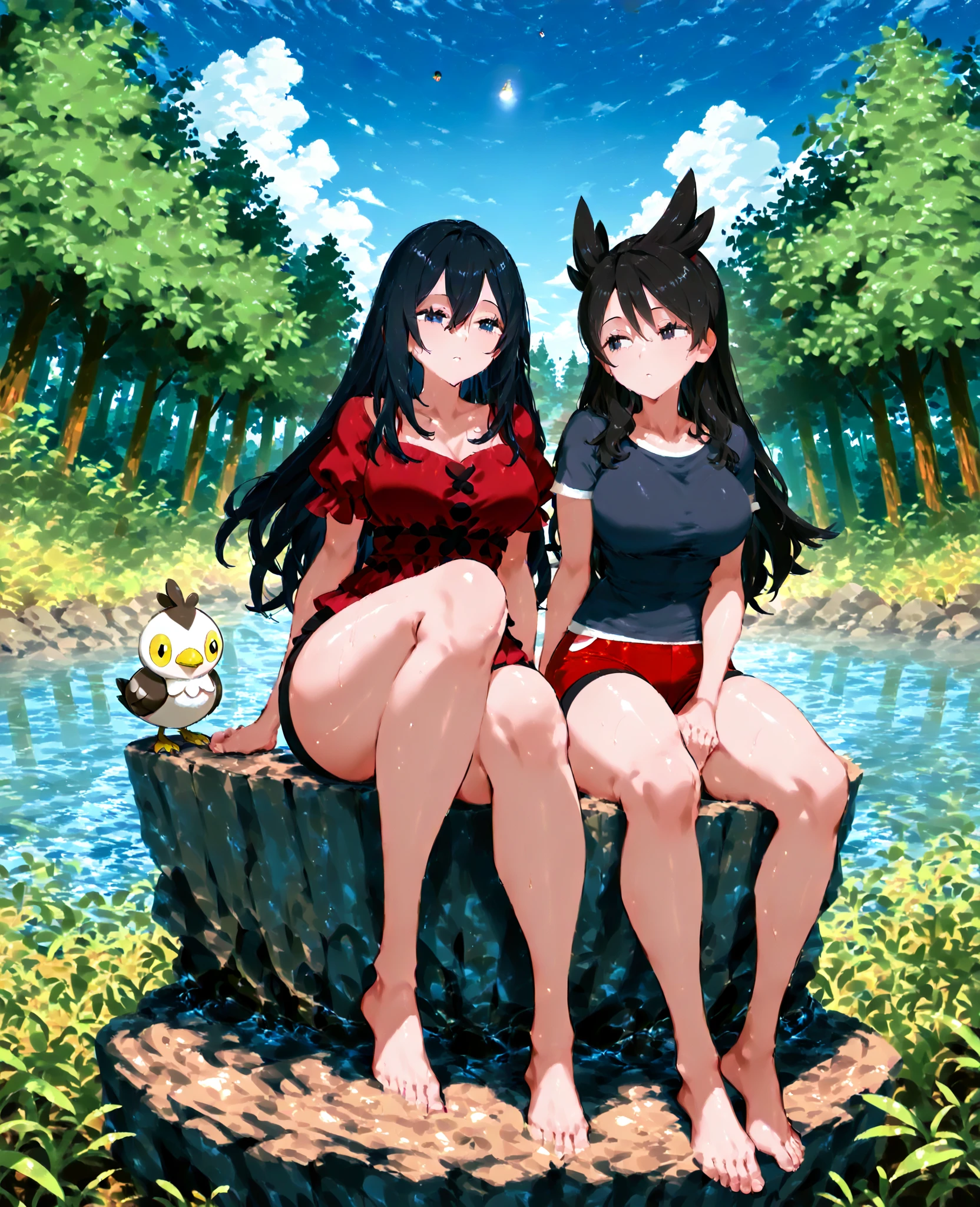 3 girls, spruce forest, [pine trees], [huge spruce trees], (river), rocky shore, smile, view from above, milf, huge breasts, nude, smile, very long hair, black hair, purple curl, violet eye, sitting on rock cute, big breast, [short stature], nude, ponytail, dark blue hair, blue eyes, sitting on rock, big breasts, big ass, nude, topless, view from back, brown hair, pigtail, lay