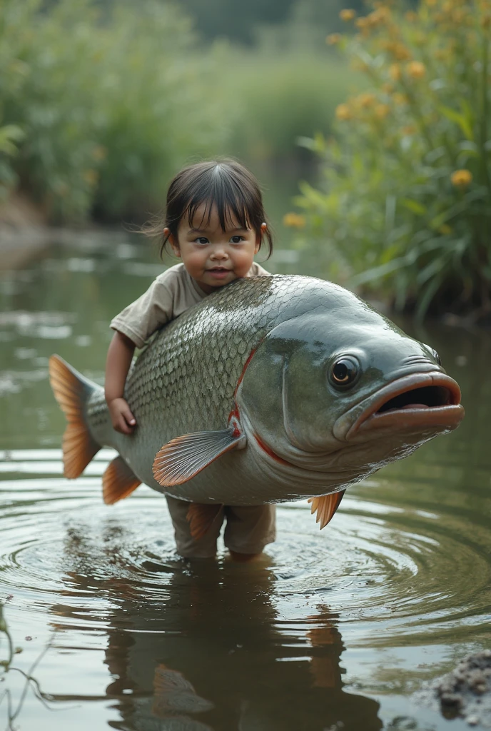 Picture a small carrying a super big fish, from market. with a cute expression