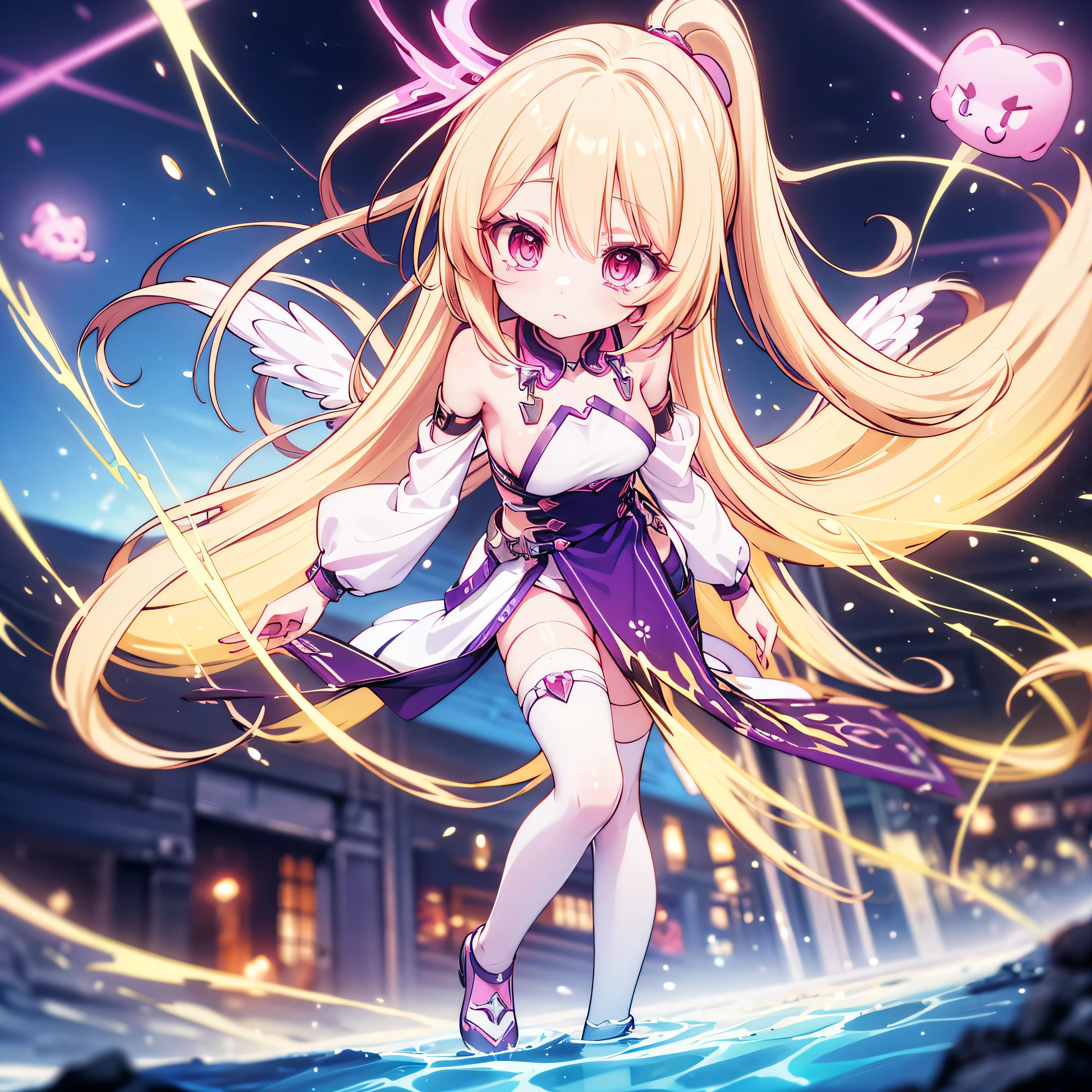 original female Flügel character from the No Game No Life universe, NOT Jibril, full-body, long flowing pastel gradient hair (from pale pink to blonde), golden glowing eyes with vertical slit pupils, calm and confident expression, wearing a high-tech magical outfit with glowing runes, thigh-high boots, floating arcane accessories, and Flügel-style detached sleeves, geometric light wings floating behind her, open spellbook in one hand, floating mid-air inside a radiant sky library, cinematic lighting, sharp clean anime style, fantasy sci-fi hybrid design, highly detailed, 8k