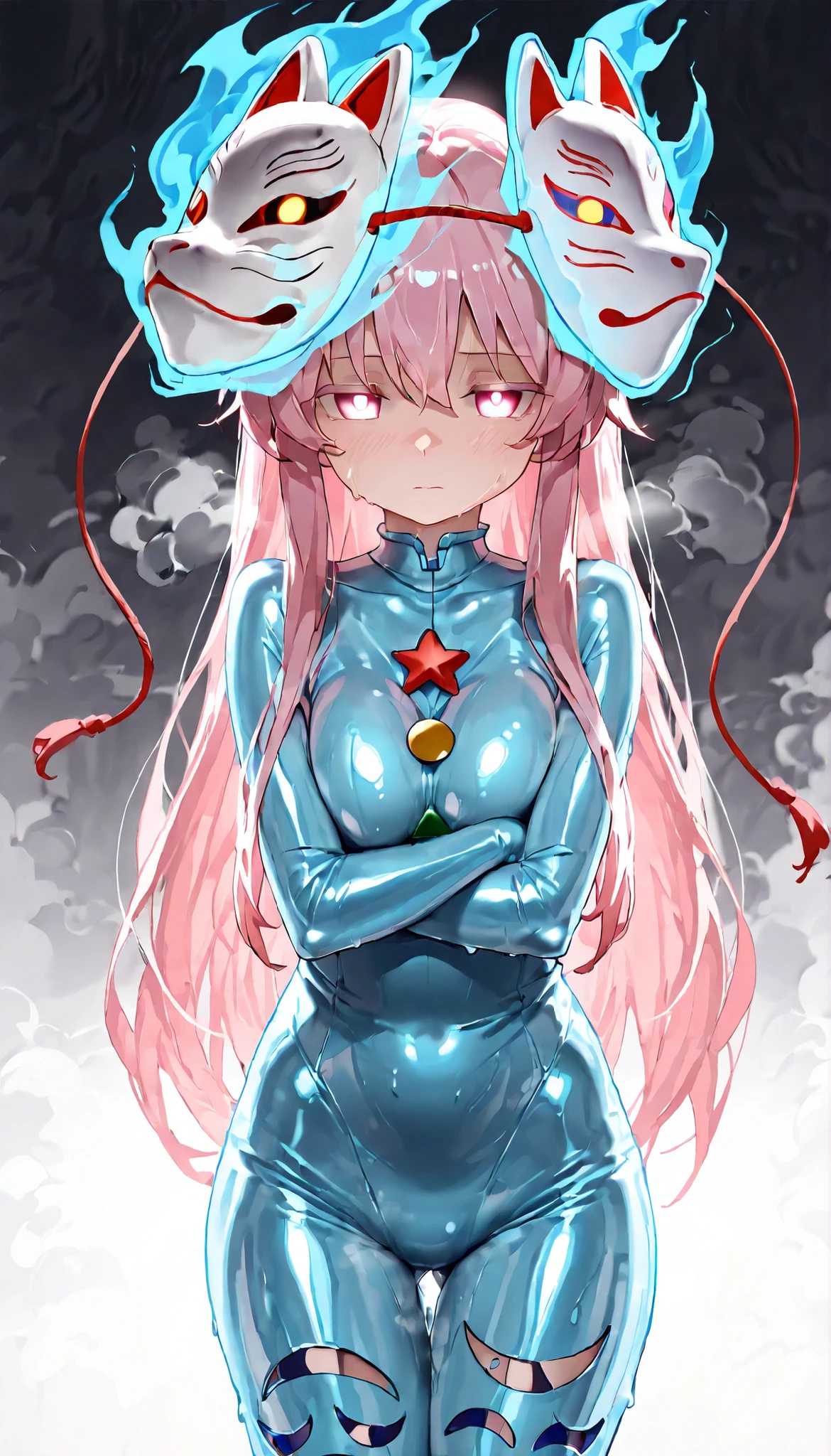 (masterpiece, Highest quality, Ultra-high resolution), 1girl, Hata no Kokoro, fox mask, Pink hair, long hair, pink eyes, Emotionless face, mask on head, (blue latex bodysuit), Glossiness, shiny, sweat, steamy, (steamy), glossy skin,  cool backlight, 