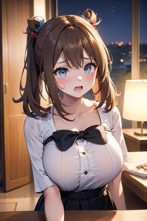 masterpiece, best quality, highly detailed, high resolution, expensive resolution, high resolution, 4K, 8k, uniform 8k wallpaper, highly detailed CG, masterpiece, 2D, 3D, beautiful details, depth, fine texture, best quality: 1.3, perfectly focused, crispy. skin, him, very cute anime girl, Her name is Mei, idol, brown double hair buns wearing expensive, mole under eye, looking at the viewer, cowboy short, expensive, blush, mole, plump lips, heart, pink eyes, heart shaped choker