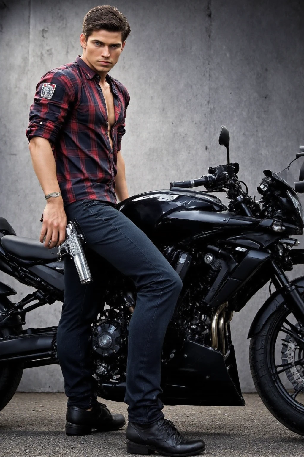 He is leaning against an American motorcycle and holding a gun in his hand,A young man in his late 20s ,high resolution, look, High Details, very detailed,  cinematography, super detailed, Reality, 