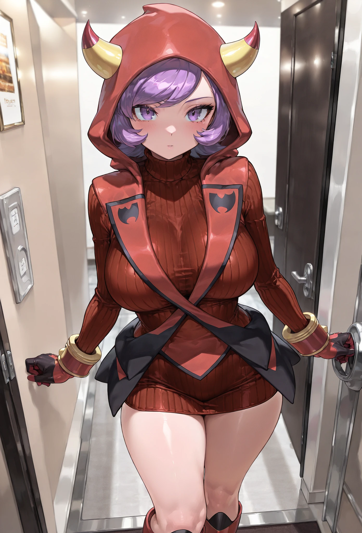 (1girl in:1.2), (Solo:1.2) 、nsfw、Shaders、perfect face、Ultra-detailed eyes、ultra-intricate pupil in eyes、top-quality、Full body standing picture、21 year old girl 、(fake horns, hoodie, red shorts, gloves, red boots) 、long hair, (pink hair:1.5), sadistic smile、 from below, open mouth, huge breasts, put your hands up, sensual pose,