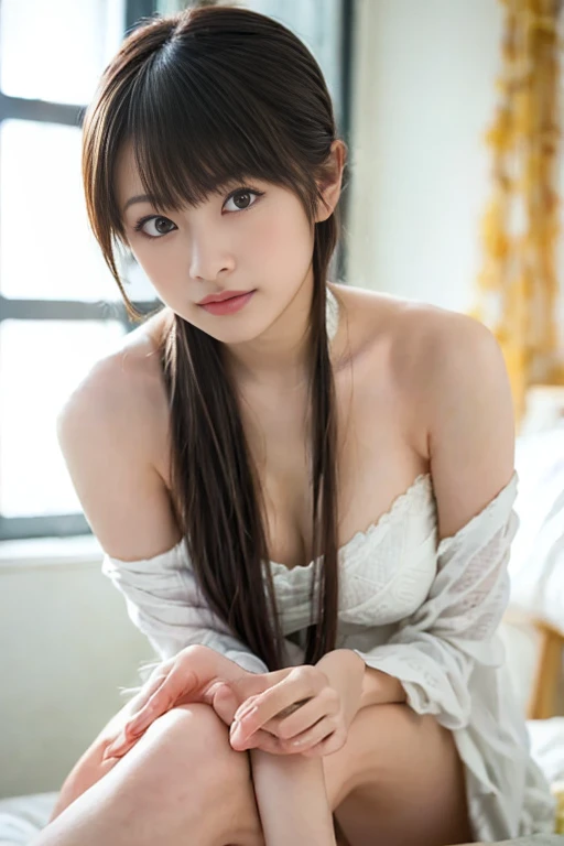 2girl, short ponytails,beautiful girl,,(small brest:1.2),(skinny:1.2),,highschool student,akb48,nogizaka46,pink nipple,small breasts,skinny,2girl,((multiple girls)), from below, black hair, light smile, bangs, , pov, , sitting, black eyes, masterpiece, best quality, ultra quality, high quality, realistic, photo realistic, RAW photo, hyper detailed, intricate detailed, Urban Cafe、cafes、Sitting in a chair,Cake and coffee on the table,upperbody,(bottomless:1.7),(blue pink panties:1.0),,(fullnude:1.5),