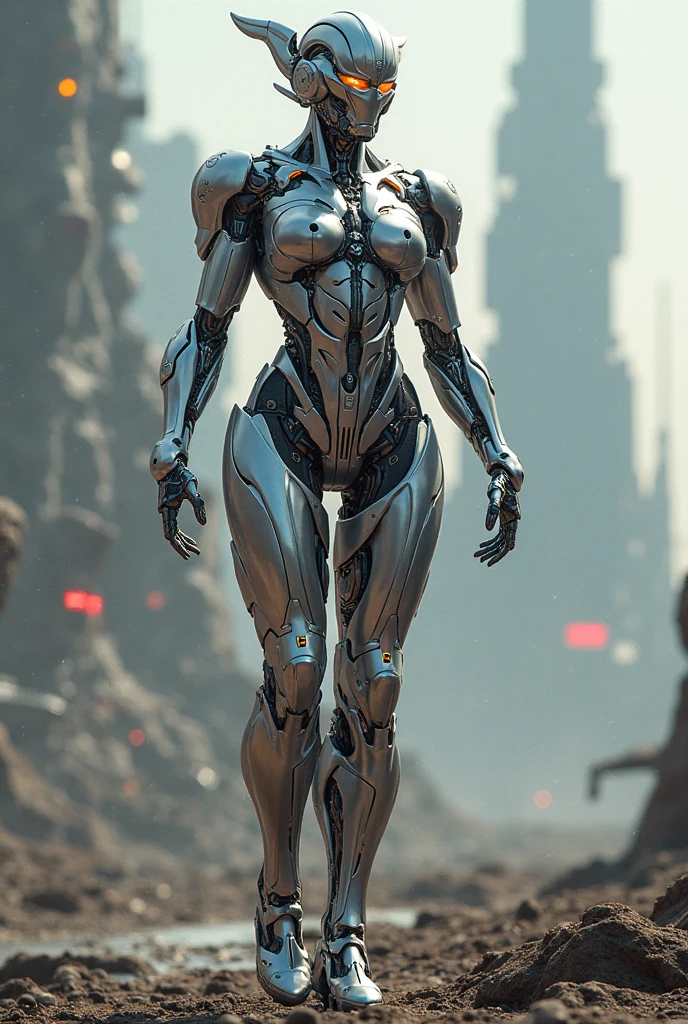 Transformers féminin au métal blanc et gris couvert de rayures et brûlures.