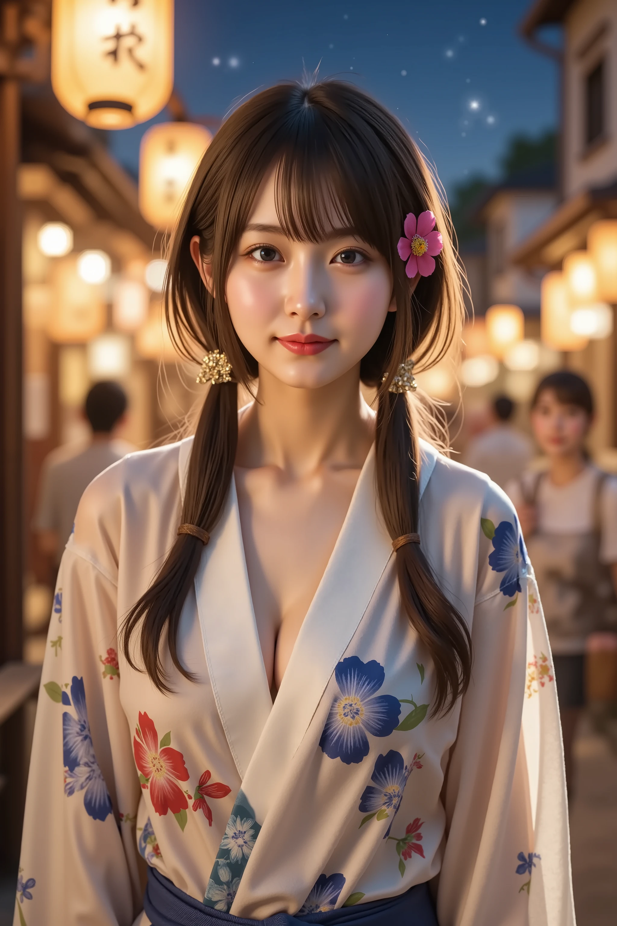 firm breast, by adjusting the framing so the subject's full head is visible within the composition, with the crop showing only from just above the bust to slightly above the top of the head. a highly detailed and realistic digital illustration of a beautiful anime-style female character wearing a traditional floral yukata, standing amidst a lively nighttime festival scene, by adjusting the framing so the subject’s full head is visible within the composition, with the crop showing only from just below the shoulders to slightly above the top of the head. Ensure there is a comfortable amount of background space above the head to establish spatial context. The focus is on her upper body clothing and the illuminated street setting.

She is wearing a light-colored yukata adorned with floral patterns in shades of blue, red, and yellow. The translucent sleeves and folds of the fabric catch the ambient lantern light, enhancing the texture and elegance. A deep blue obi is tied neatly at the waist, accentuating the outfit’s structure and traditional aesthetic. Her neckline is open, revealing the soft inner layers of the kimono and a decorative knot at the waist.

Her hair is styled in long twin tails with golden accessories shaped like butterfly wings, and small floral hair ornaments in pink and red hang beside her face, matching the festive mood. The expression on her face is warm and serene, as she gently gazes toward the viewer.

In the background, a bustling festival street is illuminated by glowing paper lanterns hanging from traditional wooden buildings. The sky above is a deep indigo filled with stars, adding a magical atmosphere. People in yukatas walk through the street, adding depth and realism. Warm lighting from the shops and lanterns bathes the scene in soft golden hues, contrasting with the cool tones of the night sky.

The entire scene combines traditional Japanese culture with fantasy-style beauty and lighting, highlighting texture, elegance, and immersive ambi
