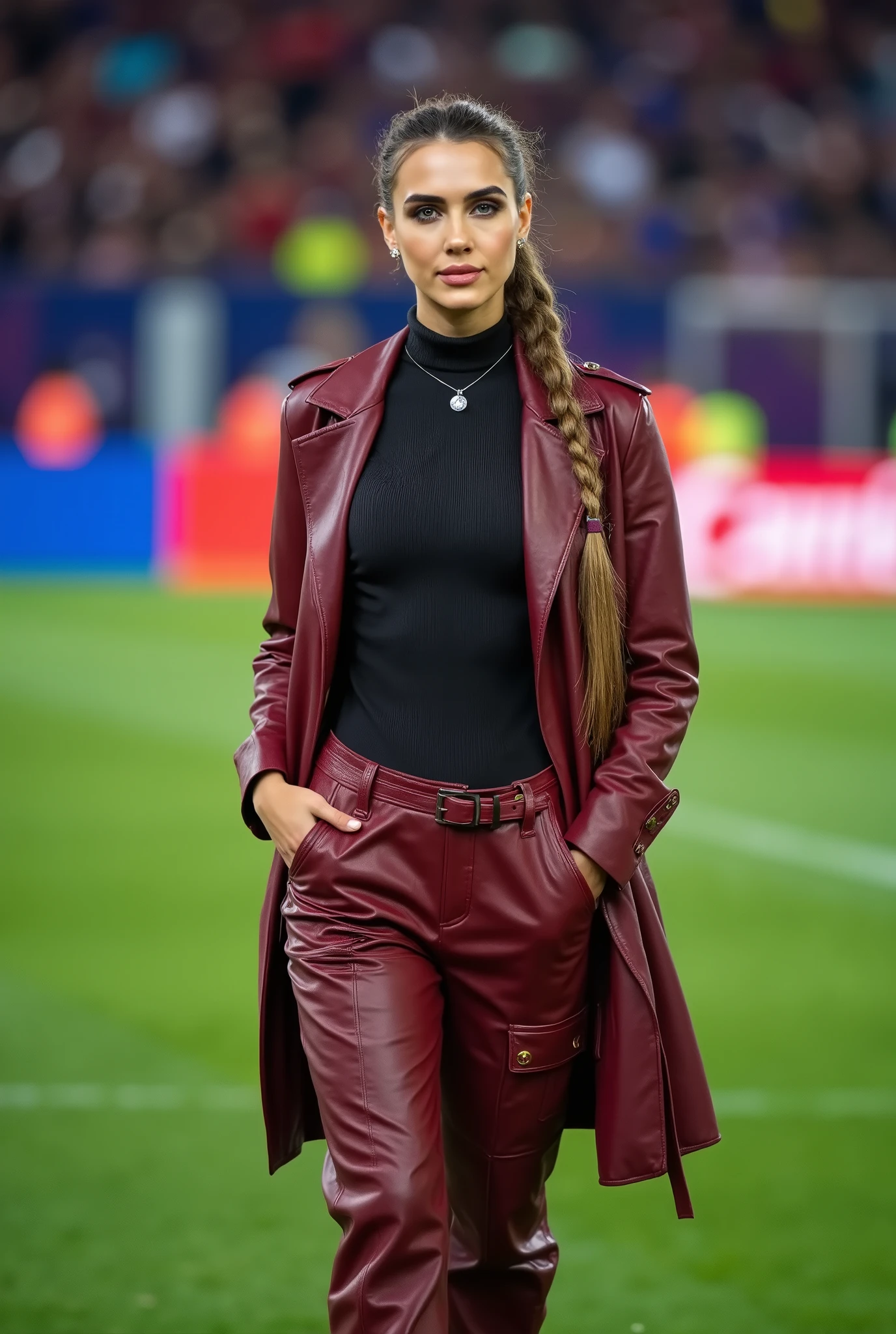 Isabella, gorgeous woman as a soccer pundit, ponytail hair, wearing a wine red leather trench coat, a black turtleneck zipper top and wine red leather oversized baggy cargo pants with many pockets, belt, perfect body, on the sideline of a soccer field in a stadium during a Champions League game, Camp Nou, night, backlit glow,