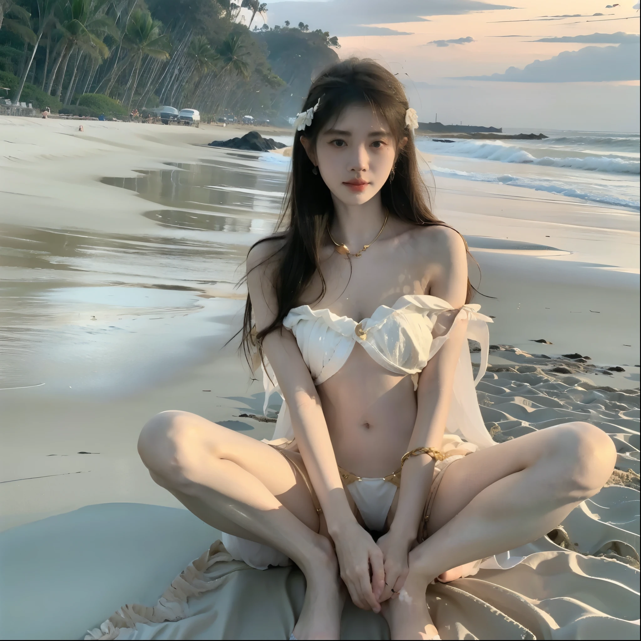 ((best quality,8k, masterpiece:1.3)),full body,Long Legs,Clear focus:1.2,A beautiful woman with a perfect figure:1.tanding、headdress、Shiny,户外 Beach(black hair,big ),(Layered Hairstyle、huge:1.2)、 strappy bikini,Off Shoulder,(Waves、 Beach、 Hawaii :1.2)),has a highly delicate facial and skin texture,Delicate eyes,Double eyelids,Long distance,bare feet,wearing a gold anklet on the foot,Many anklets are attached to the foot