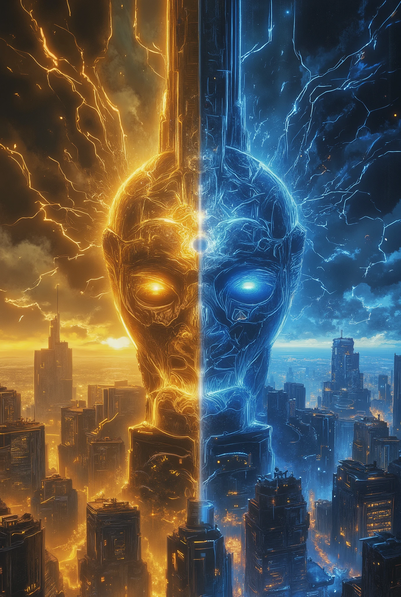 (( Colossal Futuristic City, a true conceptual and surreal work of art, half of the city is gold and the other is blue at a viewing angle of 60 º from bottom to top and with an inclination of 15 º from left to right))