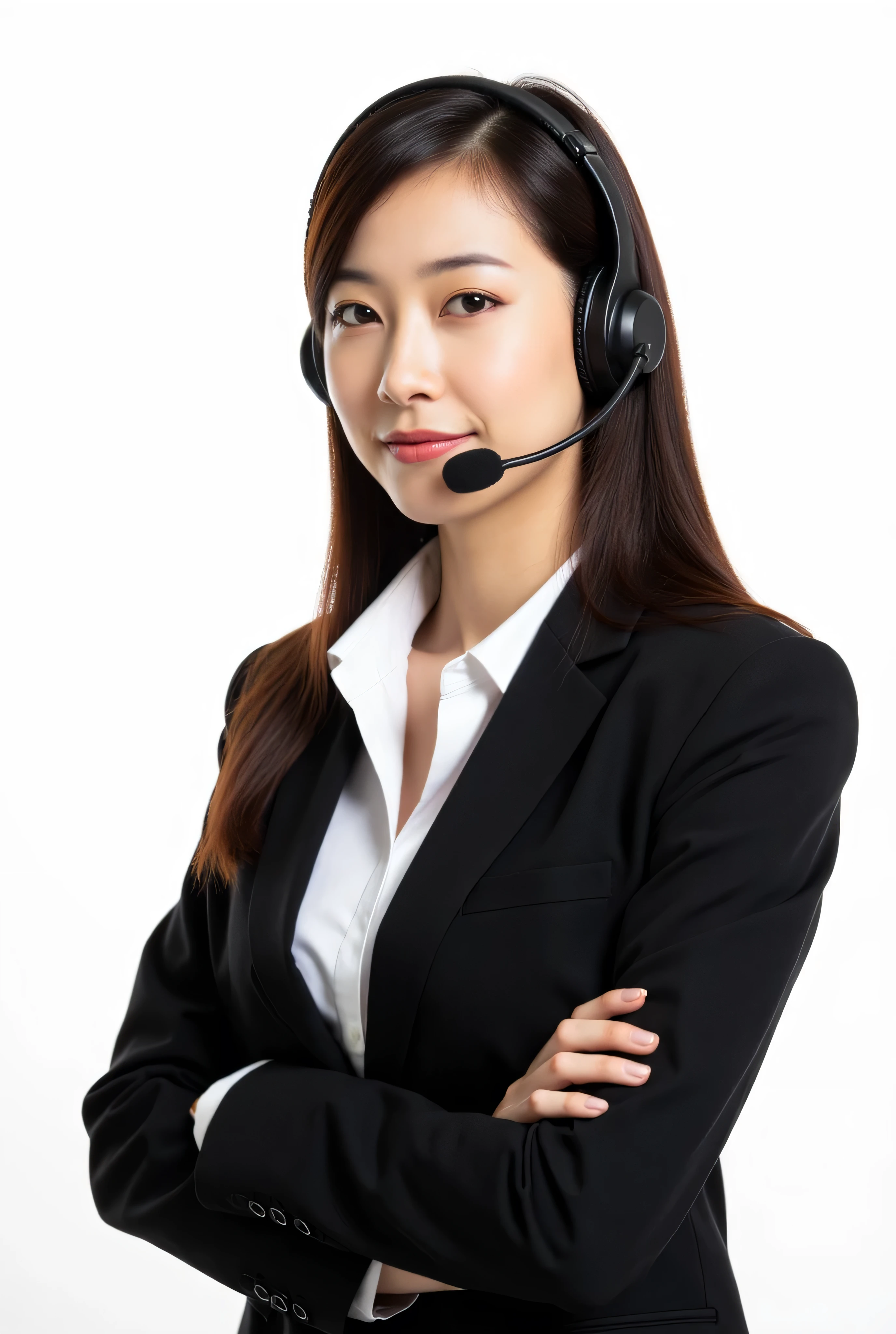 Young business woman telephone operator hotline worker customer support service manager with headset isolated on a white background copy space. Call center concept