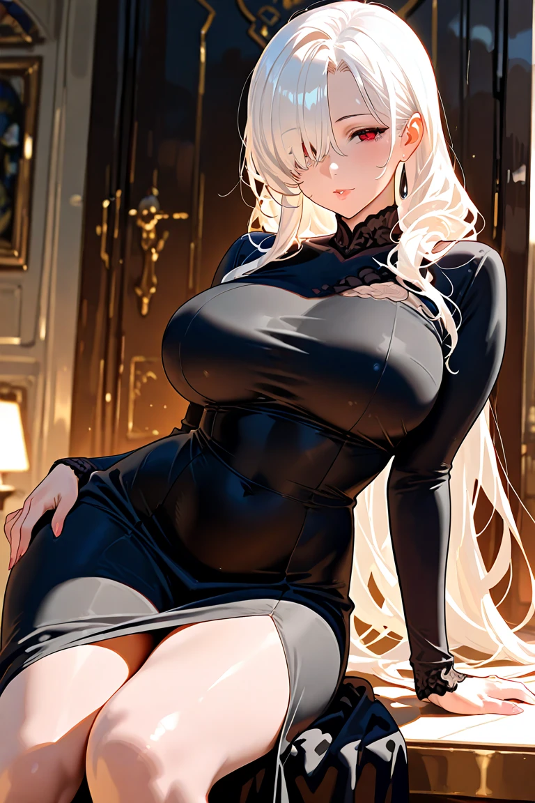 ((best quality)), ((masterpiece)), (detailed) , ((anime)), Girl, ((gigantic breasts)), long weawy hair, in the livingroom, earrings, beautiful detailed, green eyes, full body view, black nightdress