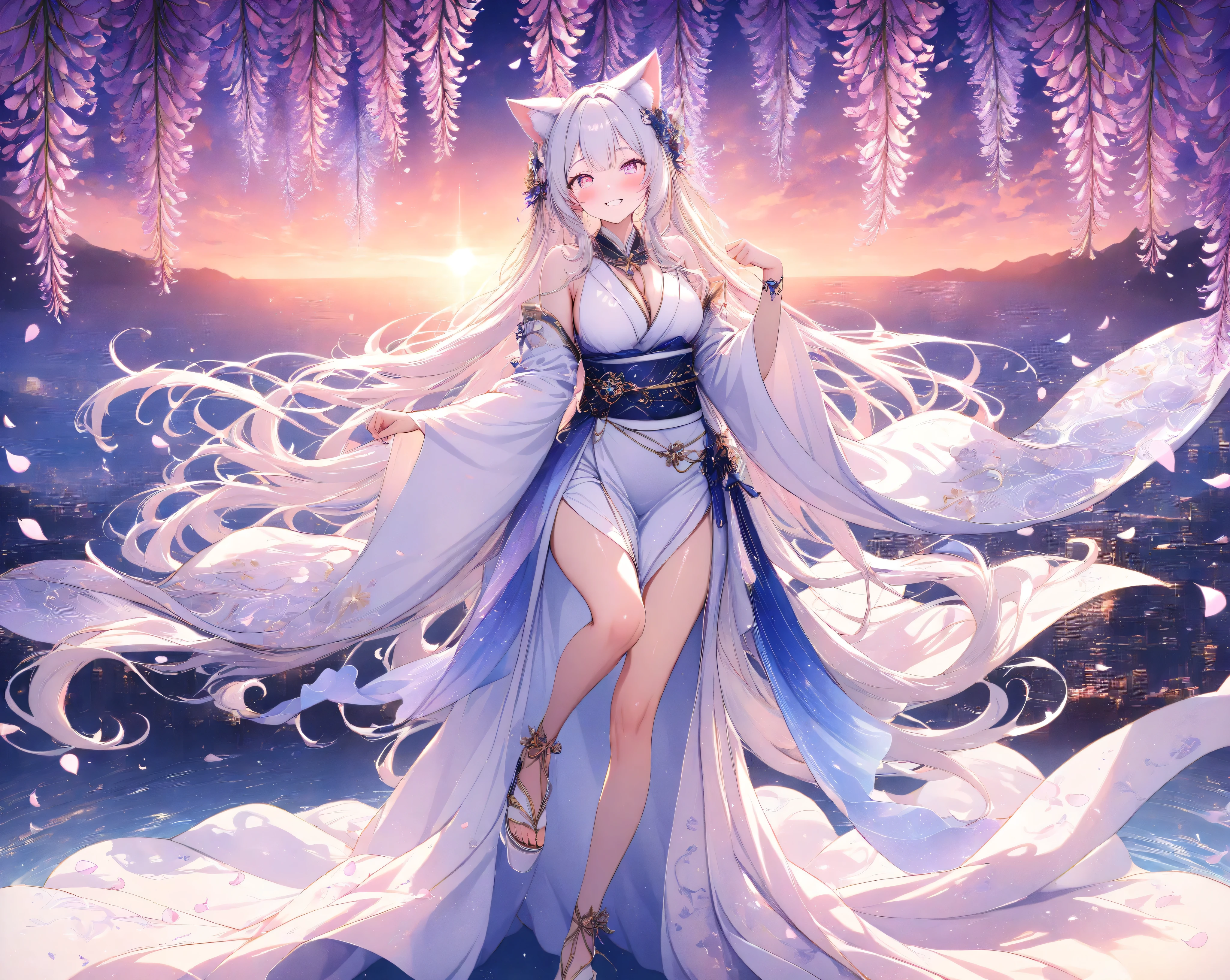 quality: Best Quality, masterpiece, very detailed, ultra detail, detailed background,
theme:(an 18-year-old woman with a demon cat that is so beautiful that it takes your breath away):1.4,perfect female body:1.1, beautiful breasts:1.1,detailed skin texture, Grin:1.5, blush:1.2,has a breathtakingly delicate face,vivid eyes like being sucked in on Thursday, delicate and moisturized lips ,Each finger is rendered in detail,Shiny silver hair,Smooth silky texture,Flowing in the wind,Natural shadows and highlights,(Realistic Cat Ears ):1.2,(One long、Bushy cat tail):1.4,(Cat's tail peeking out of a kimono):1.3,Natural and graceful hand pose,transparent fingertips that feel like they are being sucked in by hand based on realistic human body structures,Clearly defined joints,Detailed expression of the fingers,Smooth and curvaceous body lines,healthy, smooth brown skin,Graceful knee lines,Natural and beautiful leg lines,Delicate body contours,Stylish pose:1.2,
costume:(Long, flowing sleeves、white kimono based on light blue):1.4,(, a 20-year-old woman with a beautiful, shiny silk drape):1.3,Realistic Fabric, intricate details, detailed folds,White obi:1.1, light blue obi fastening:1.1, chrysanthemum-patterned sack belt:1.2, beautiful light blue flower hair ornament:1.1, White Painted Sandals:1.1, wearing white socks:1.1,
background: (Sky Dyed in the Sunset,horizon under the SID illuminated by the sunset gradates from orange or pink to deep purple,towards the sky々changes to dark, deep blue):1.6,(The clouds illuminated by the sunset are dyed fiery red and、dramatically colors the entire sky):1.5,(Under the wisteria trellis illuminated by the sunset):1.5,(wisteria flowers pour softly down、petals are scattered on the ground):1.4,(By letting in light、creates an atmosphere where wisteria flowers emerge fantastically):1.3,
Style: detailed line art anime,manga style,cinematic lighting,volumetric lighting,ray tracing,depth of field,cinematic shot,pastel,translucent,