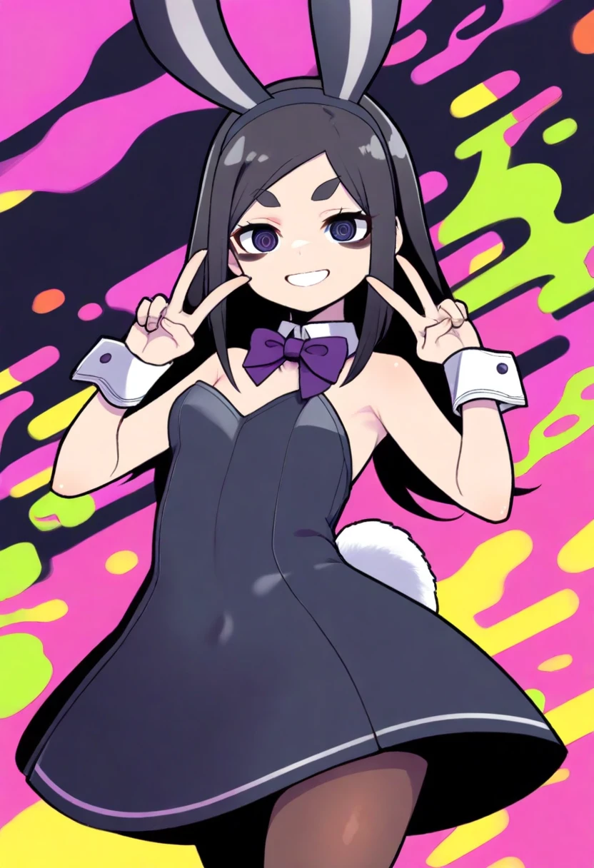 1girl, gokou ruri, solo, animal ears, playboy bunny, red bow, rabbit ears, pantyhose, detached collar, rabbit tail, mole, pom pom \(cheerleading\), long hair, bowtie, bow, red bowtie, tail, leotard, mole under eye, wrist cuffs, blunt bangs, strapless, looking at viewer, purple eyes, hime cut, black leotard, simple background, cowboy shot, strapless leotard, black hair, black pantyhose, white background, bangs, fake animal ears, small breasts, breasts, medium quality, late, <lora:char - gokou ruri - v1 - bionagato:1>