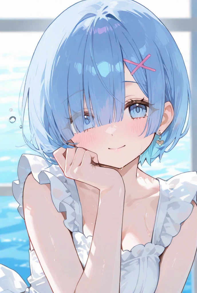 (muste piece), (best quality), very detailed eyes, expressive eyes, perfect face, very detailed face, highly detailed face, beautiful girl, 8K, beautiful girl, white background, delicate and beautiful face and eyes, dark intense shadow,
1 girl, vtuber style, cool girl, Hoshimachi Suisei, blue hair, bikini, front-tie top, mini shorts, small chest, cropped shoulders, clavicle, wet body, wet hair, one eye close winking, smile, body visible through clothes, chest visible through clothes, ass visible through thighs, (full body), barefoot, ????? thighs, sitting, open legs wide,