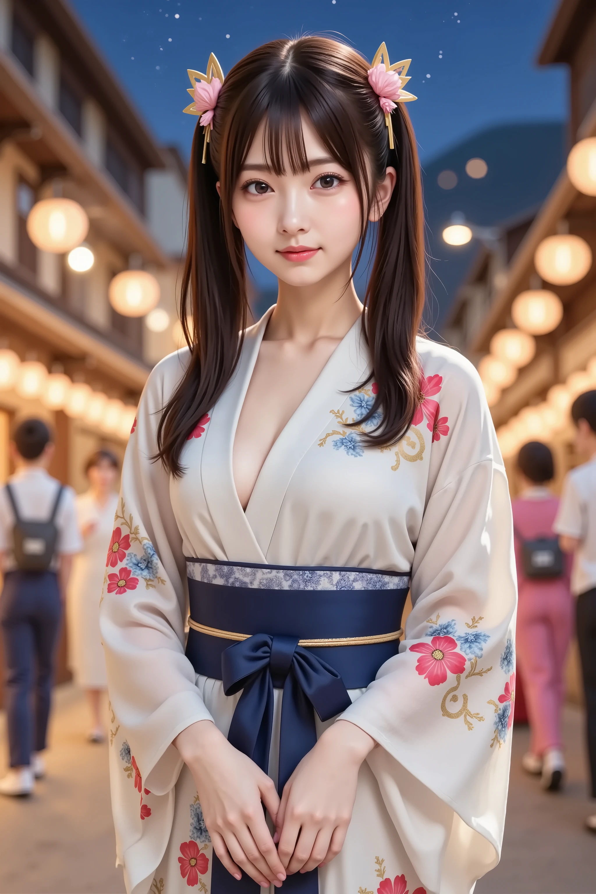 chihiro, firm breast, by adjusting the framing so the subject's full head is visible within the composition, with the crop showing only from just above the bust to slightly above the top of the head. a highly detailed and realistic digital illustration of a beautiful anime-style female character wearing a traditional floral yukata, standing amidst a lively nighttime festival scene, by adjusting the framing so the subject’s full head is visible within the composition, with the crop showing only from just below the shoulders to slightly above the top of the head. Ensure there is a comfortable amount of background space above the head to establish spatial context. The focus is on her upper body clothing and the illuminated street setting.
She is wearing a light-colored yukata adorned with floral patterns in shades of blue, red, and yellow. The translucent sleeves and folds of the fabric catch the ambient lantern light, enhancing the texture and elegance. A deep blue obi is tied neatly at the waist, accentuating the outfit’s structure and traditional aesthetic. Her neckline is open, revealing the soft inner layers of the kimono and a decorative knot at the waist.
Her hair is styled in long twin tails with golden accessories shaped like butterfly wings, and small floral hair ornaments in pink and red hang beside her face, matching the festive mood. The expression on her face is warm and serene, as she gently gazes toward the viewer.
In the background, a bustling festival street is illuminated by glowing paper lanterns hanging from traditional wooden buildings. The sky above is a deep indigo filled with stars, adding a magical atmosphere. People in yukatas walk through the street, adding depth and realism. Warm lighting from the shops and lanterns bathes the scene in soft golden hues, contrasting with the cool tones of the night sky.
The entire scene combines traditional Japanese culture with fantasy-style beauty and lighting, highlighting texture, elegance, and immer