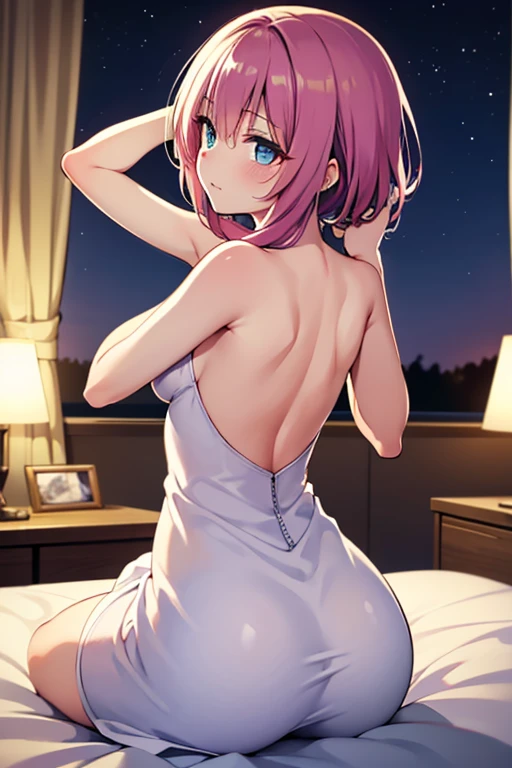 Mina Ashido, , short green pleated skirt, topless, medium breasts, small nipless, bedroom, sunrise