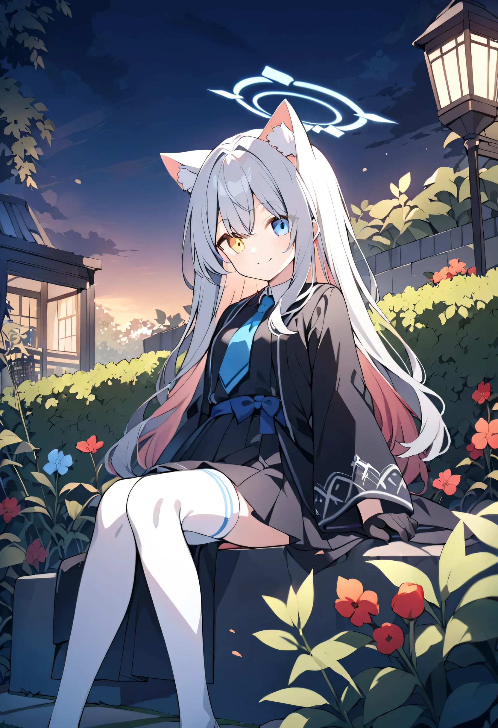 hair,Silver Hair, girl,Light blue halo,Cat ears,alone,Heterochromia(Left blue right yellow),Black Robes(Red internal dyeing), blue tie,white stockings,garden,evening,Smile, skirt,Black Gloves