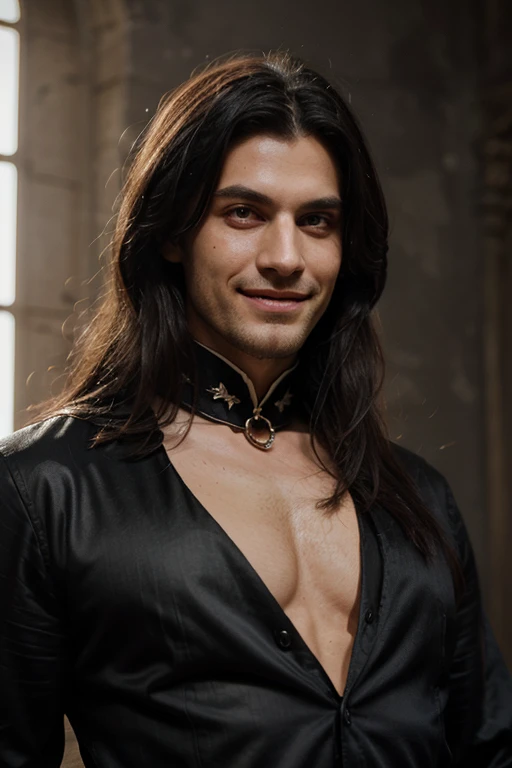 A vampiric handsome man new romantic with soft face and long hair
