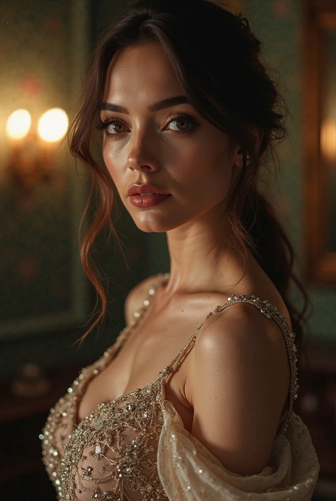 A photorealistic portrait of a stunningly beautiful, dark-haired woman with captivating, piercing brown eyes. She exudes an irresistible allure and sensuality, reminiscent of Dua Lipa. The scene is set in a softly lit, luxurious boudoir, casting a warm, intimate atmosphere. The style closely resembles high-end fashion photography, with a focus on capturing every intricate detail of her features. Camera: Canon EOS 5D Mark IV, using a prime 85mm lens with soft, diffused lighting. --ar 4:5