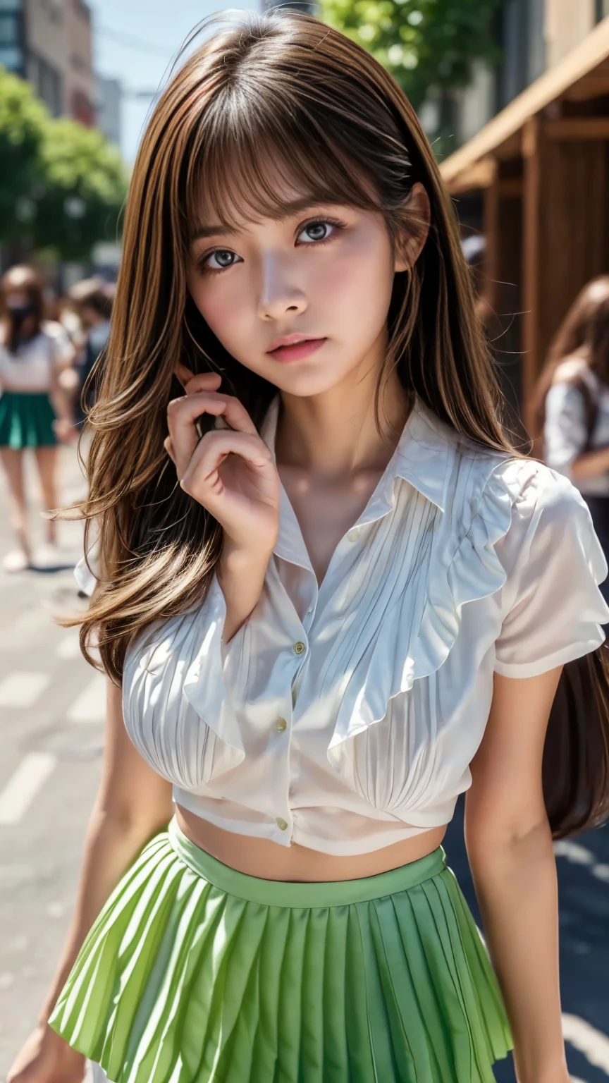Highest quality, Realistic, 1peopleの女の子, woman,(Skin Dentition), Mid-chest, (bright), (Professional Lighting, Bokeh), (street), people々, crowd, Braided bangs, (blouse:1.5), (I wore:0.8), nice, bloom, Floating Hair, (Dynamic pose:0.6) , Soft lighting, ,((( She is being made to cum)))