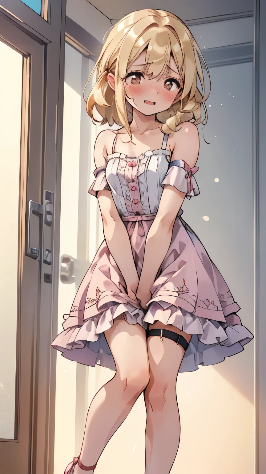 (SIGMA 200 mm F/1.8, 1/1000 sec shutter, award-winning photo), beautiful medium breasts, shiny skin, (have to pee-pee:1.2), (Disheveled hair), (Unable to hold pee-pee anymore desperate look:1.3), (She needs to pee-pee so badly:1.1), (She front in queue with girls restroom:1.4), (Panting:1.4), (Full face blush:2), (So embarrassing), (Constricted Pupils:1.5), (Impatience), (flustered:1.5), (Her shoulders were high, almost touching her ears, and her whole frame looked tense and frozen, legs straight standing on tiptoes, arms stiff, her whole posture unnaturally tight, She stood like someone trying not to break under pressure:2), (She casually clutch crotch hold in her pee-pee:1.1), (wearing Frilly dress, Ankle strap heels:1.3), (8K, ultra-detailed, best quality, ultra-detailed face, anatomically perfect figure, extremely detailed beautiful girl), (full body), nsfw,