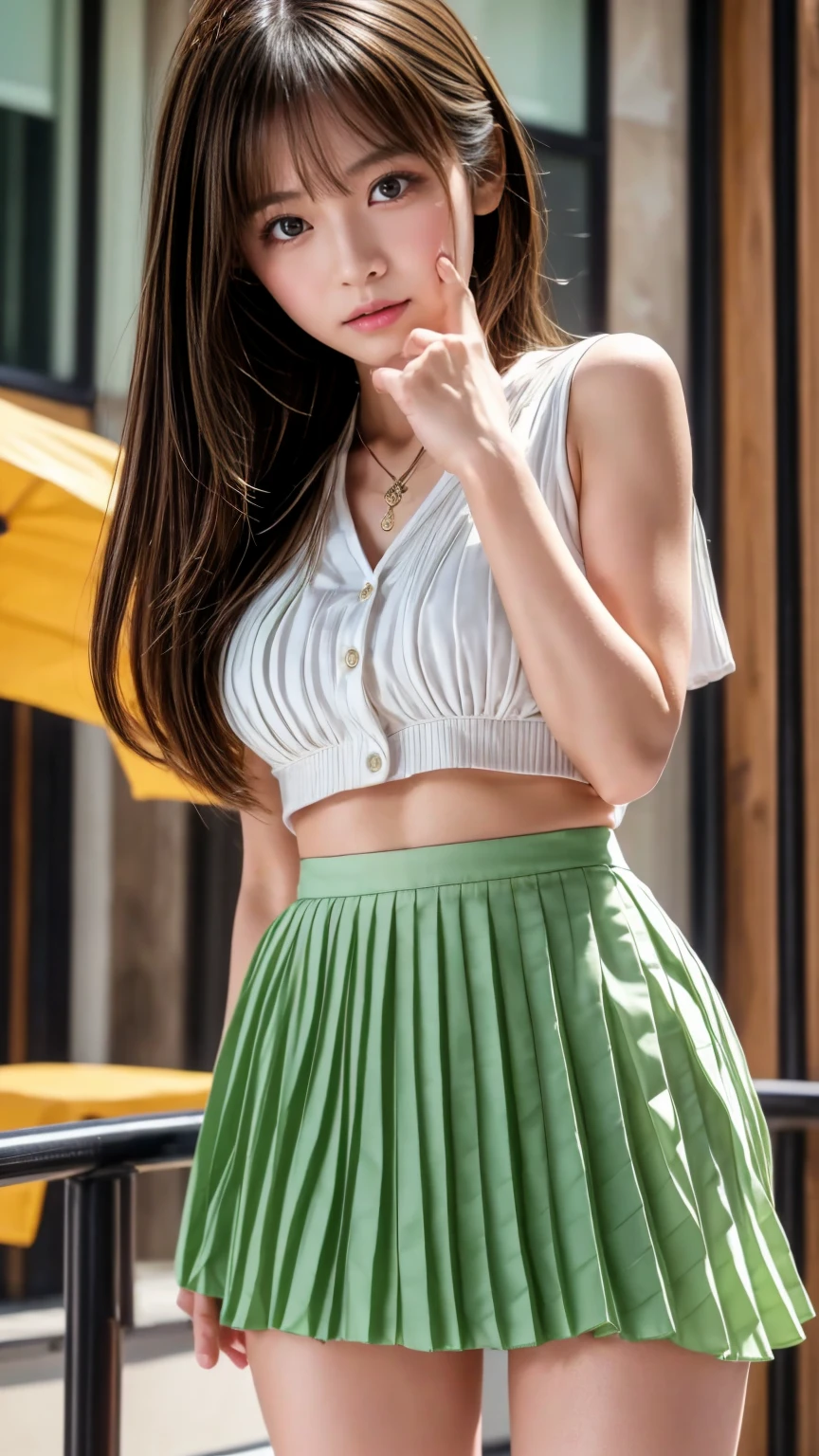 (bare breasts:0.2)best quality, ultra high res, (photorealistic:1.4), (green long hair:1.3), (azur lane\), 1girl, (Kpop idol), nsfw, slender body, looking at viewer, cute, detailed face, contrapposto, smooth skin, perfect anatomy, white camisole, pure black pleated skirt, cityscape, night, rain, wet, professional lighting, shopping mall rooftop cafe, outdoor, no teeth