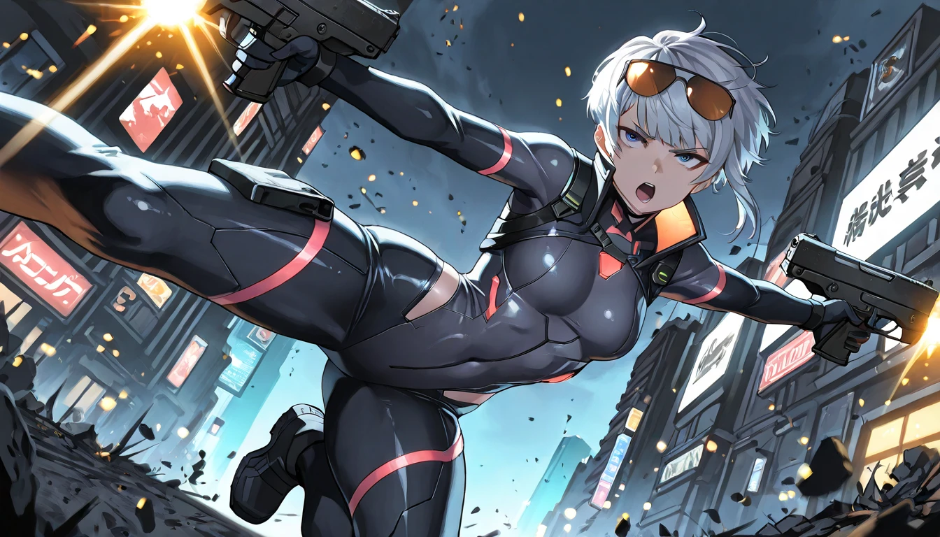 hat, necktie, gloves, ribbed bodysuit, expressionless, blank eyes, looking at viewer, corruption, mind control, female combatant, full body, hypnotized, unhappy trance, full body, obey, perfect female body, hypnosis, hypnoLora, empty eyes, Mind control device, poses, submissive_pose, Slave, standing straight, standing, standing at attention, Fighting Stance, extending the right arm from the shoulder into the air with a straightened hand, (((pixel-perfect, detail-perfect))), solo, 1girl, hair ornaments, short hair, large breast, huge breast, solo,1girl,spasnormal,hair ribbon,red eyes,grey hair, twintails, sabrina, SPASNORMAL, salute, saluting, military saluting